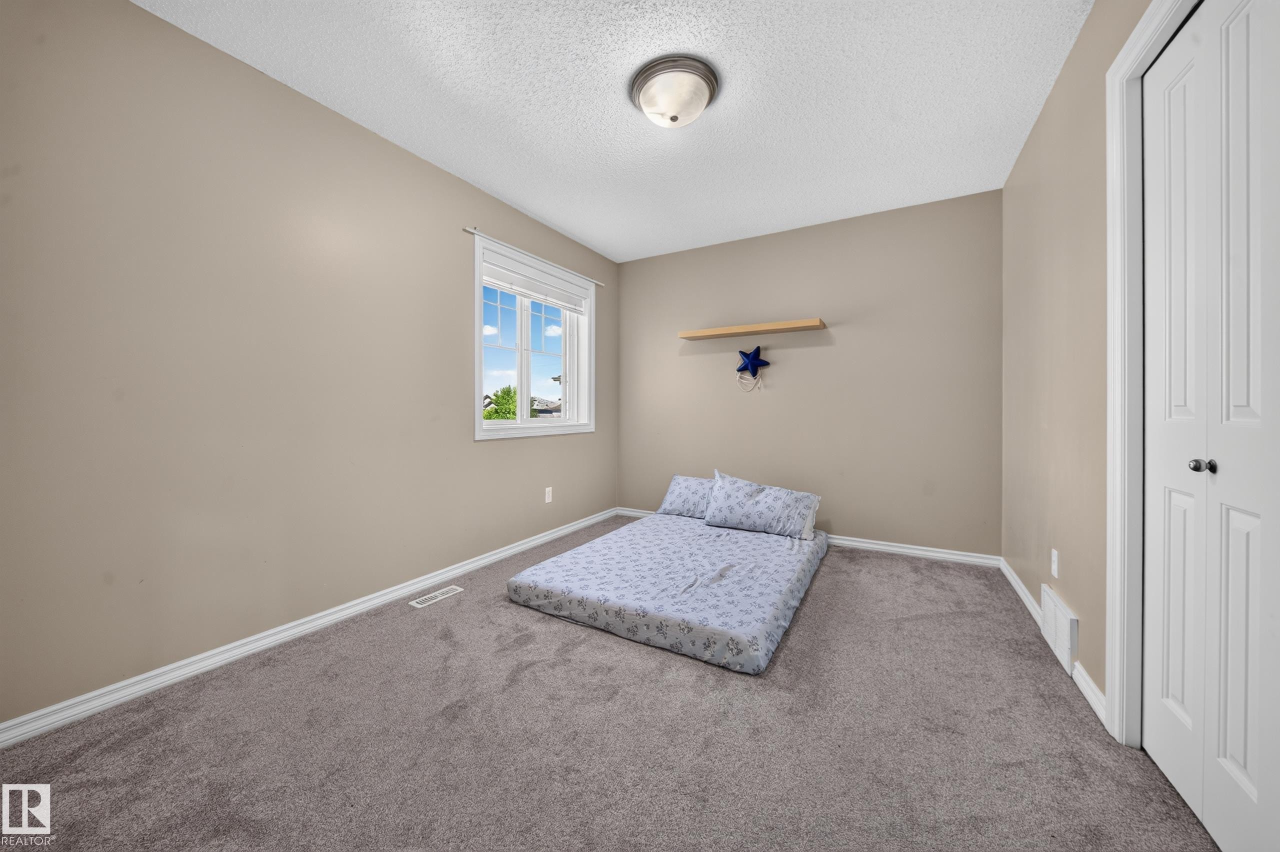 Neutral-toned walls, gray carpet flooring, white trim, and a built-in closet with bifold doors - 121 64 Street Sw, Edmonton, AB