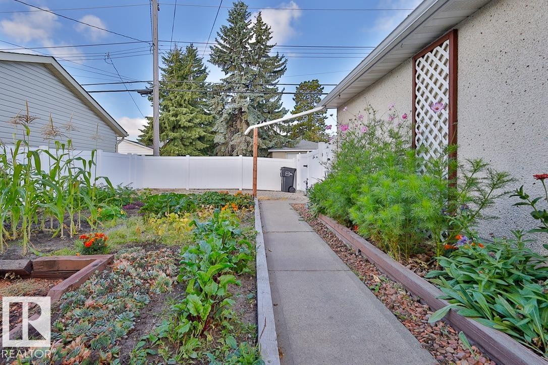 Poured concrete walkway with adjacent garden beds featuring various plantings - 13312 123A Street Nw, Edmonton, AB