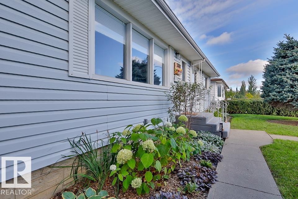 Siding exterior with decorative shutters, mature landscaping, concrete walkway, and evergreen trees - 13312 123A Street Nw, Edmonton, AB