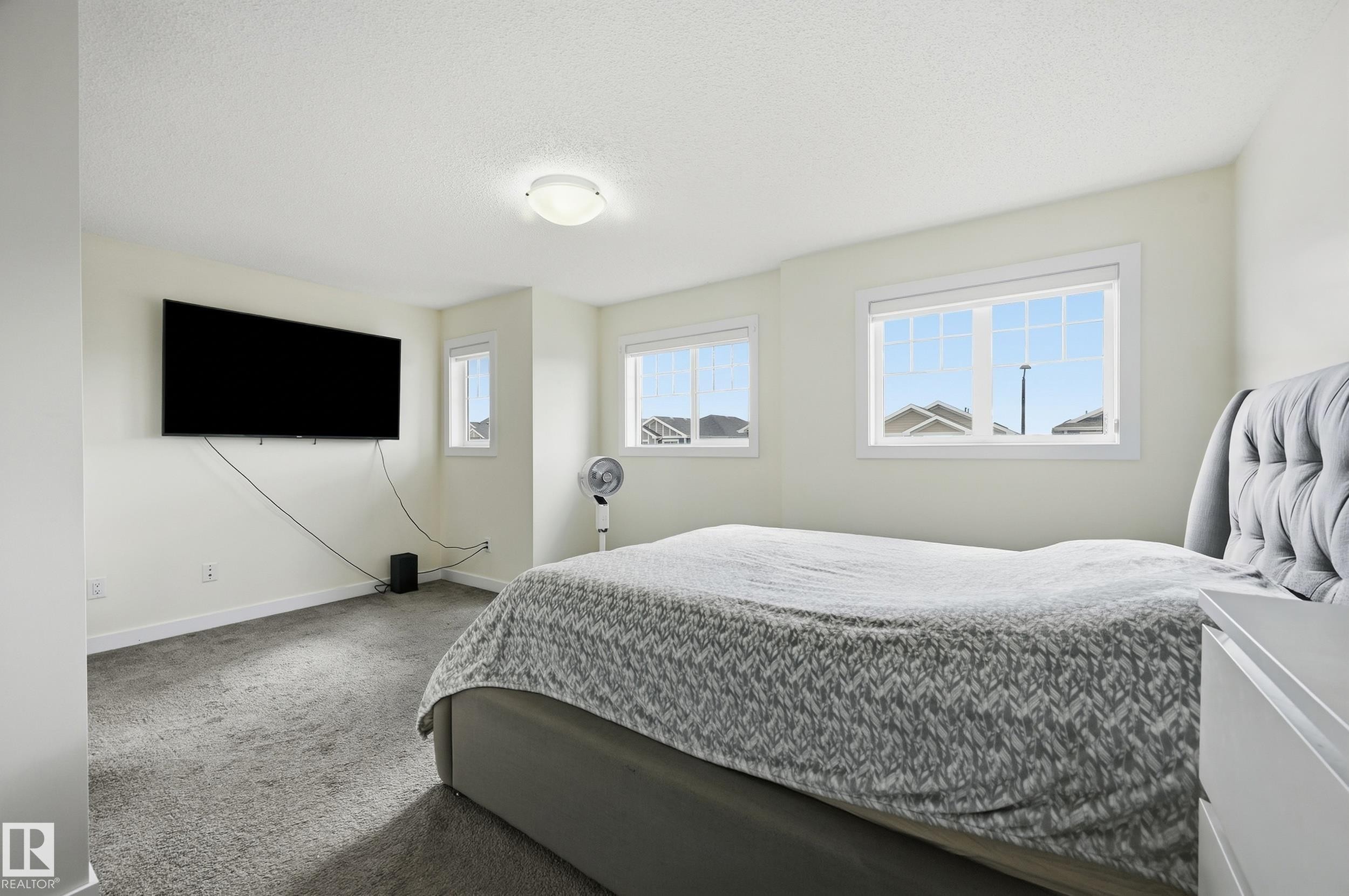 Carpeted room featuring multiple windows, a ceiling-mounted light fixture, and a wall-mounted television - 941 Ebbers Crescent Nw, Edmonton, AB