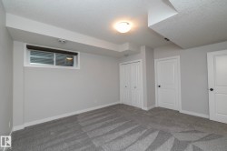 Neutral gray walls, patterned carpet flooring, flush mount ceiling light fixture, white window trim, and white bi-fold closet doors - 