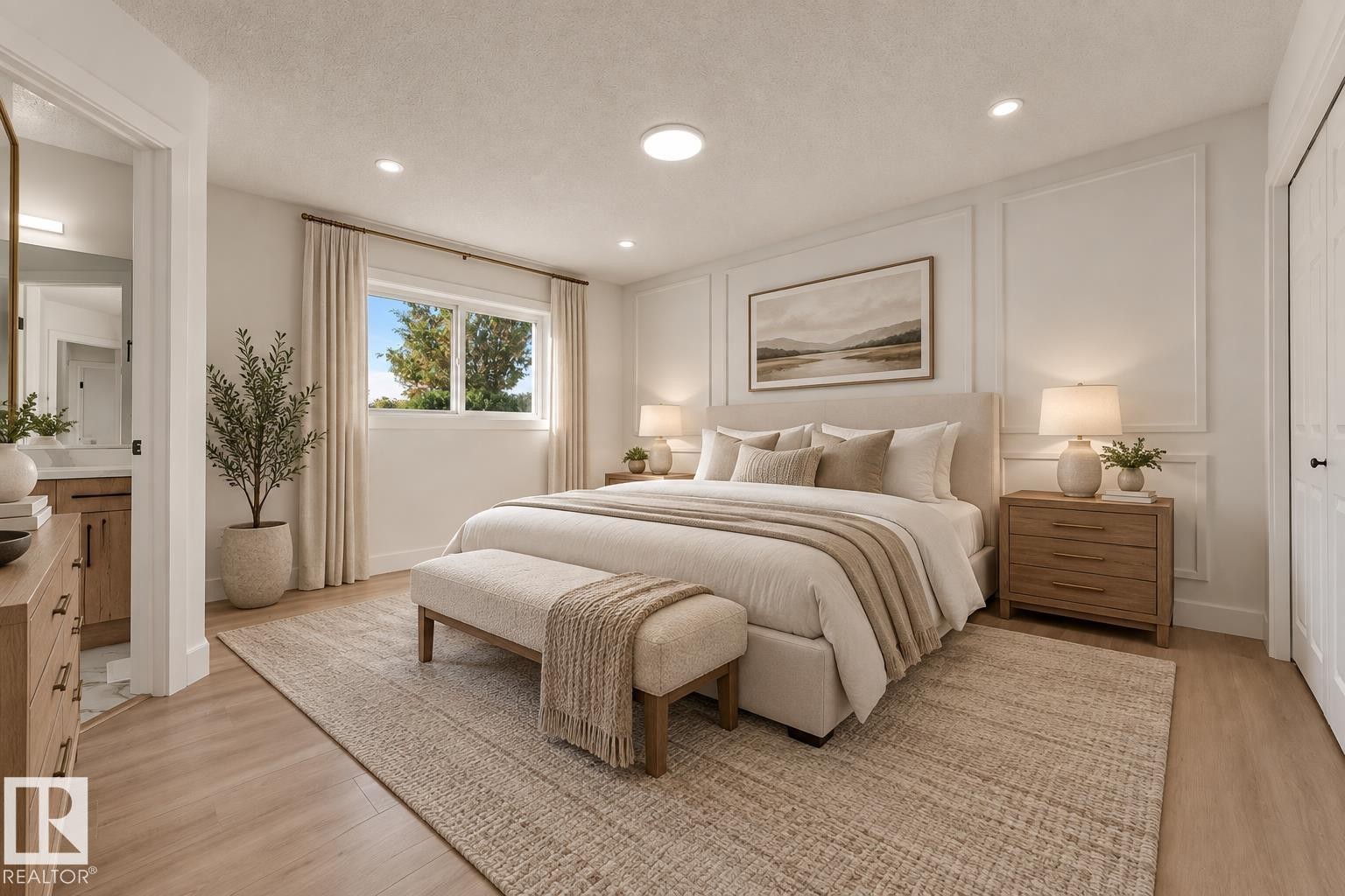 Wood-finish flooring, recessed lighting, and a window with exterior views - 3320 43 Street Nw, Edmonton, AB