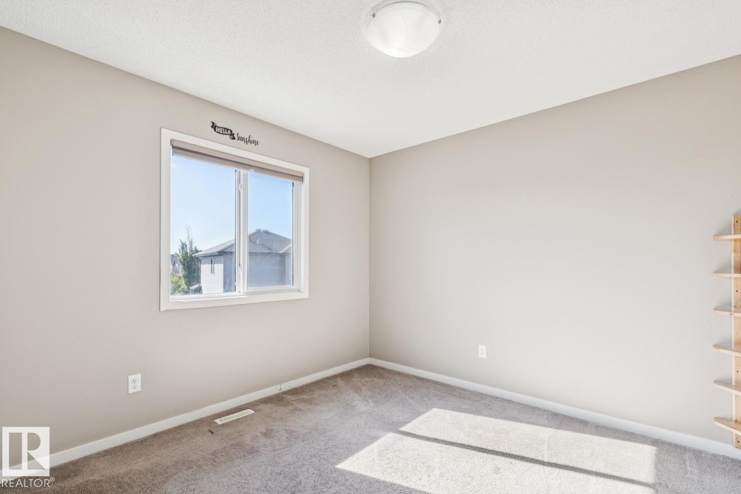 Carpeted flooring, single window with white trim, neutral wall paint, and a semi-flush mount ceiling light fixture - 12007 173 Avenue Nw, Edmonton, AB