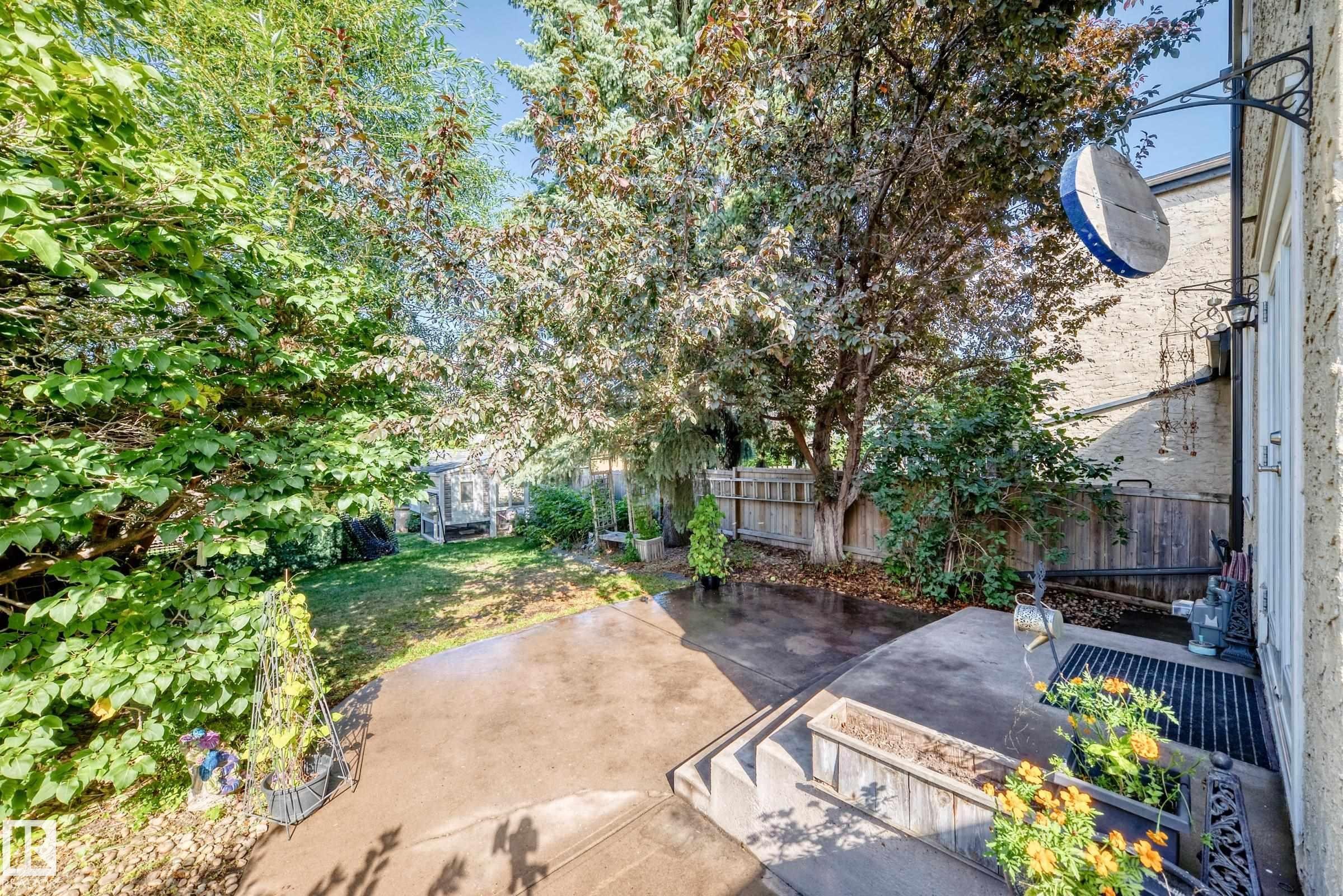 Expansive backyard featuring a concrete patio, mature trees, and privacy fencing - 5620 93A Avenue Nw, Edmonton, AB