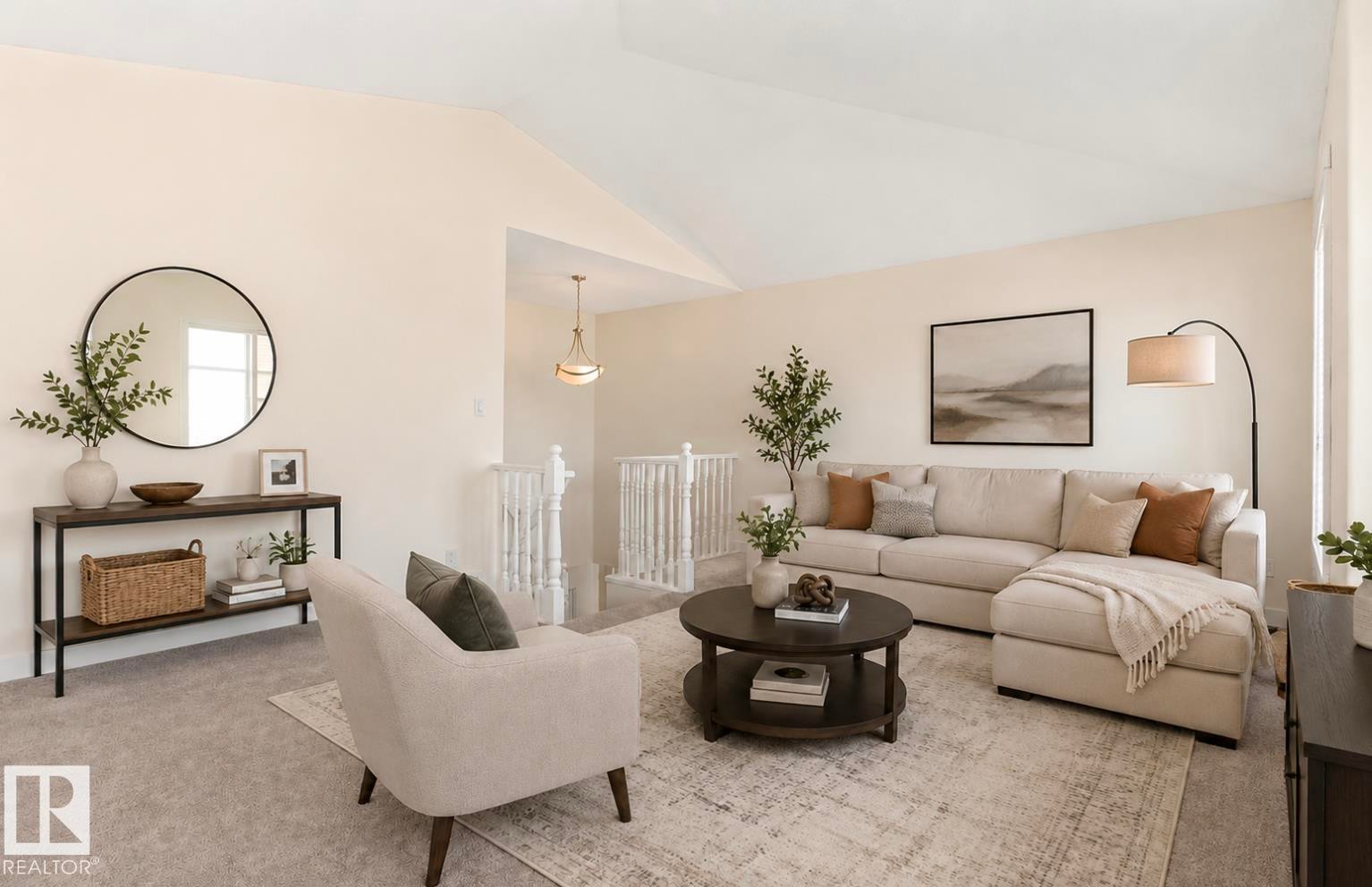 Vaulted ceiling amplifying the spacious living area - 1007 Macewan Close Sw, Edmonton, AB - Indoor Photo Showing Living Room