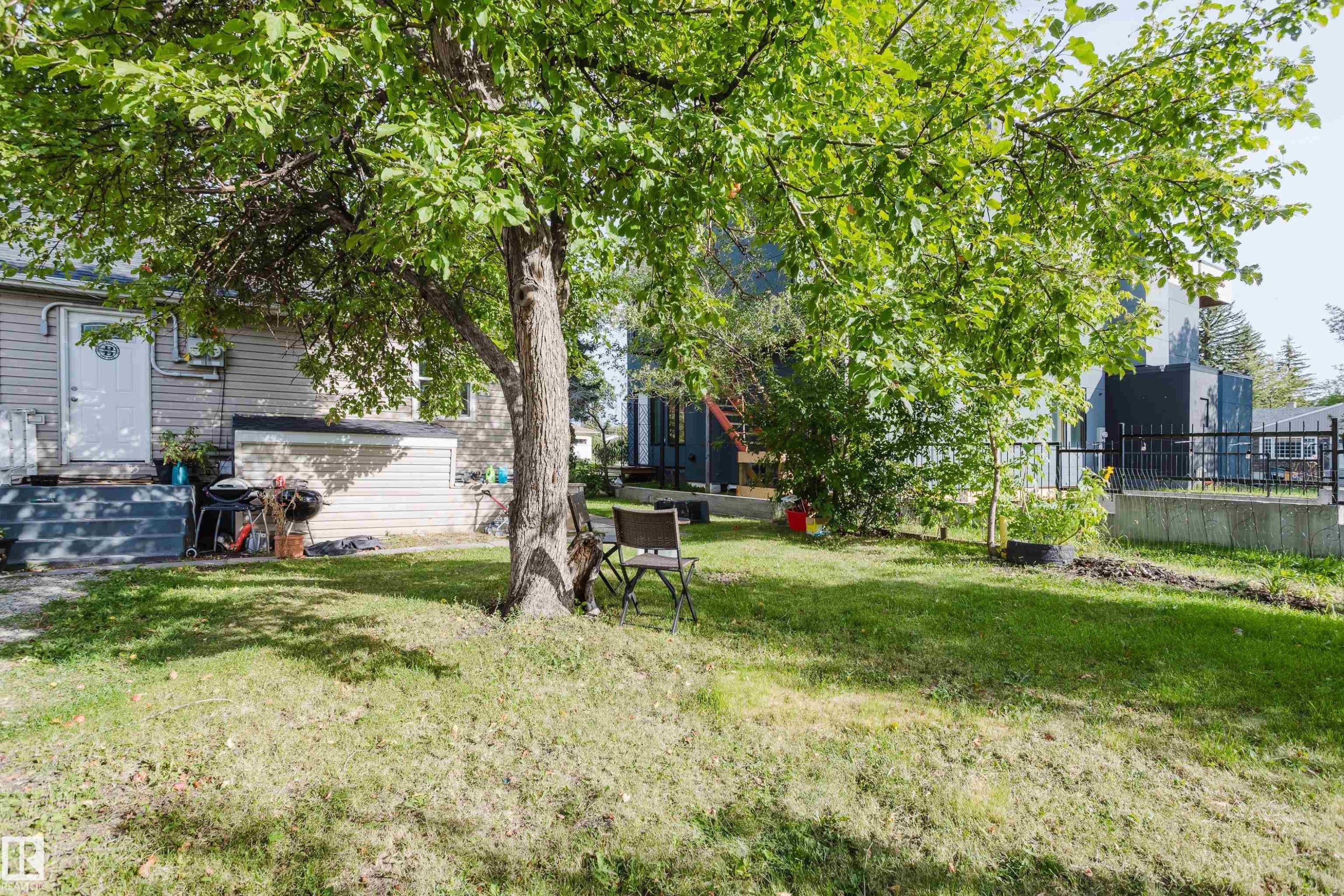 Expansive grassy yard with a mature tree providing shade, a concrete retaining wall, and black metal fencing - 11134 11138 116 Street Nw, Edmonton, AB