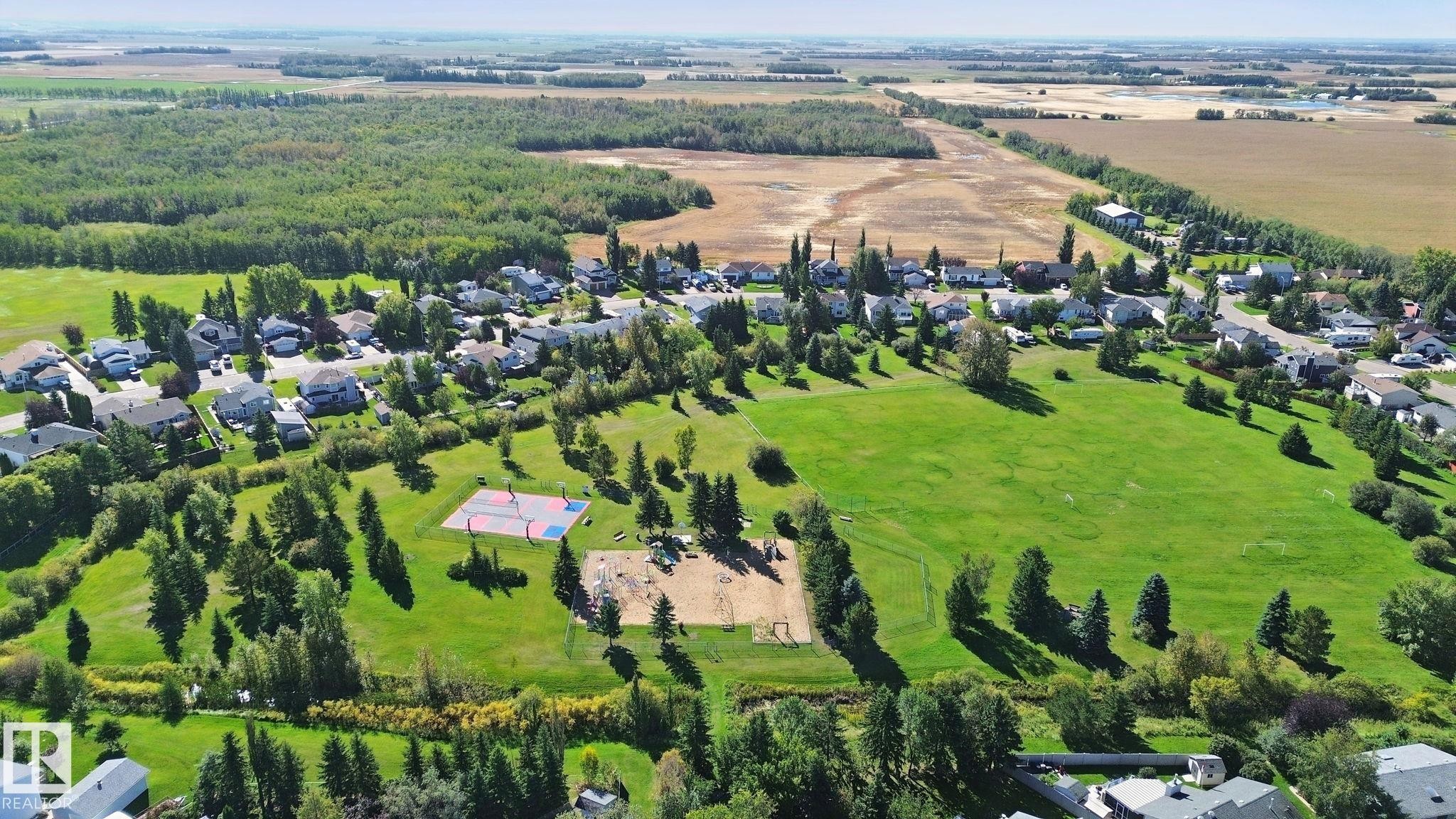 Expansive green spaces featuring mature trees, a multi-sport court, and a playground - 38 Menalta Place, Cardiff, AB