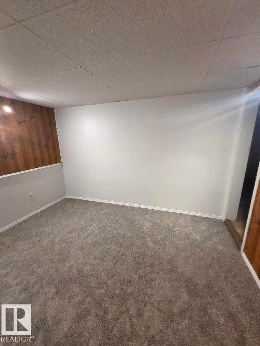 Textured gray carpeting, white walls, wood panel accent wall, and a drop ceiling - 13716 115 Avenue Nw, Edmonton, AB