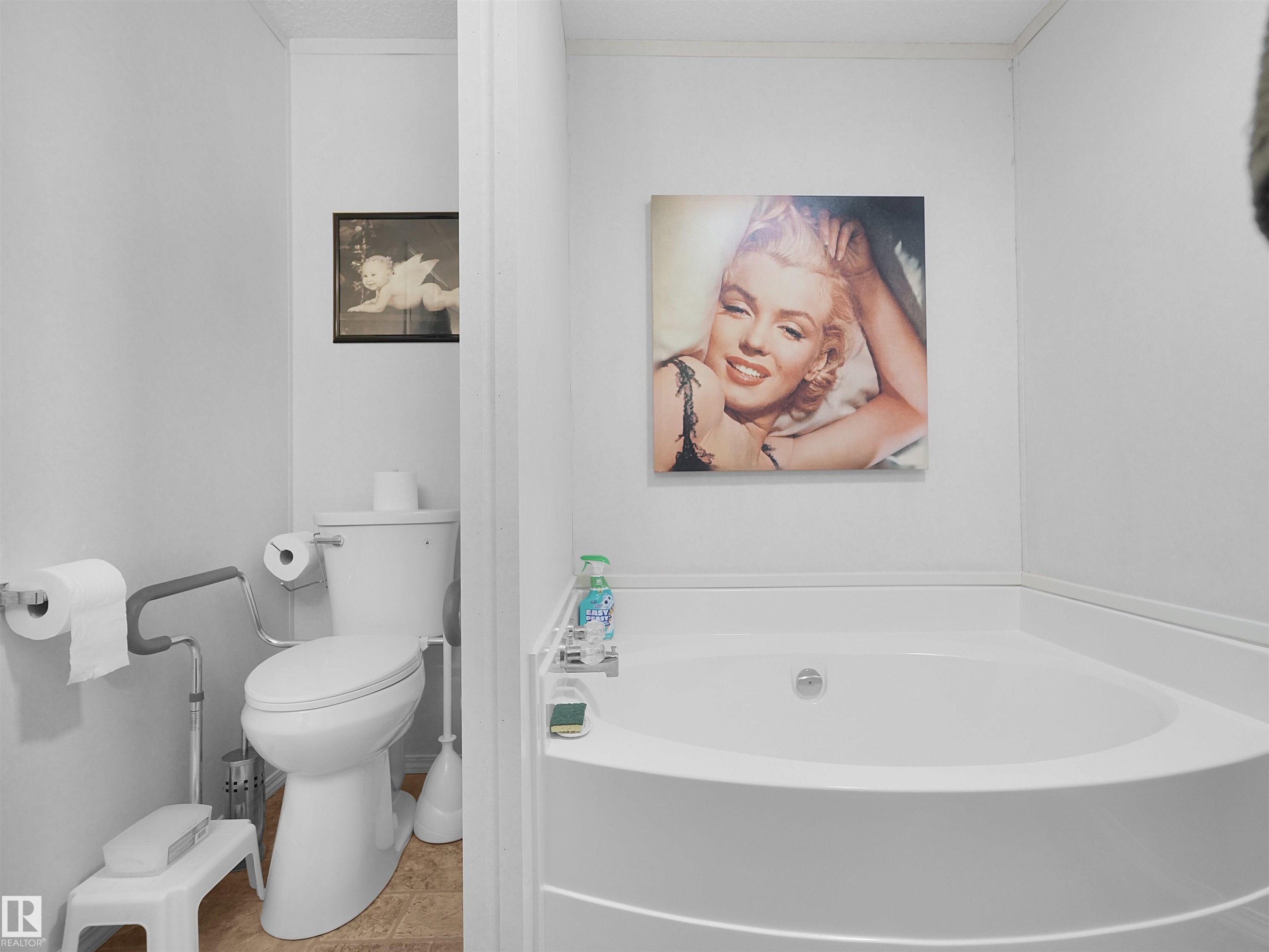 Corner soaking tub, white toilet, and wood-finish flooring - 52 Evergreen Park Northwest, Edmonton, AB