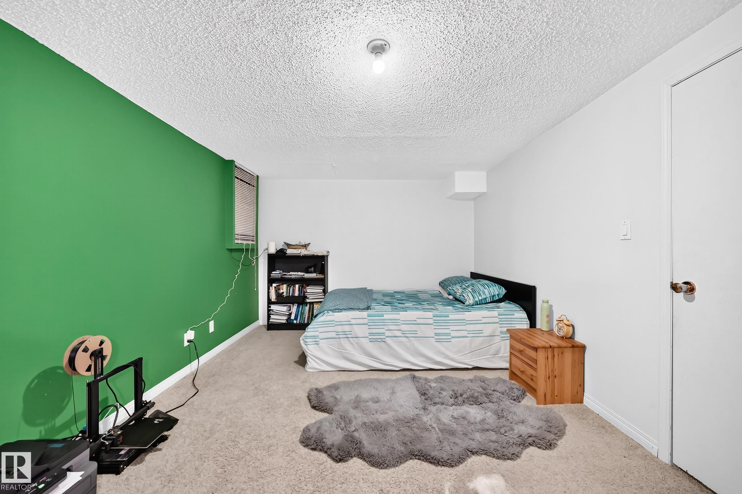 Carpeted flooring with a contrasting accent wall, ceiling-mounted lighting, and a window with blinds - 11007 173A Avenue Nw, Edmonton, AB