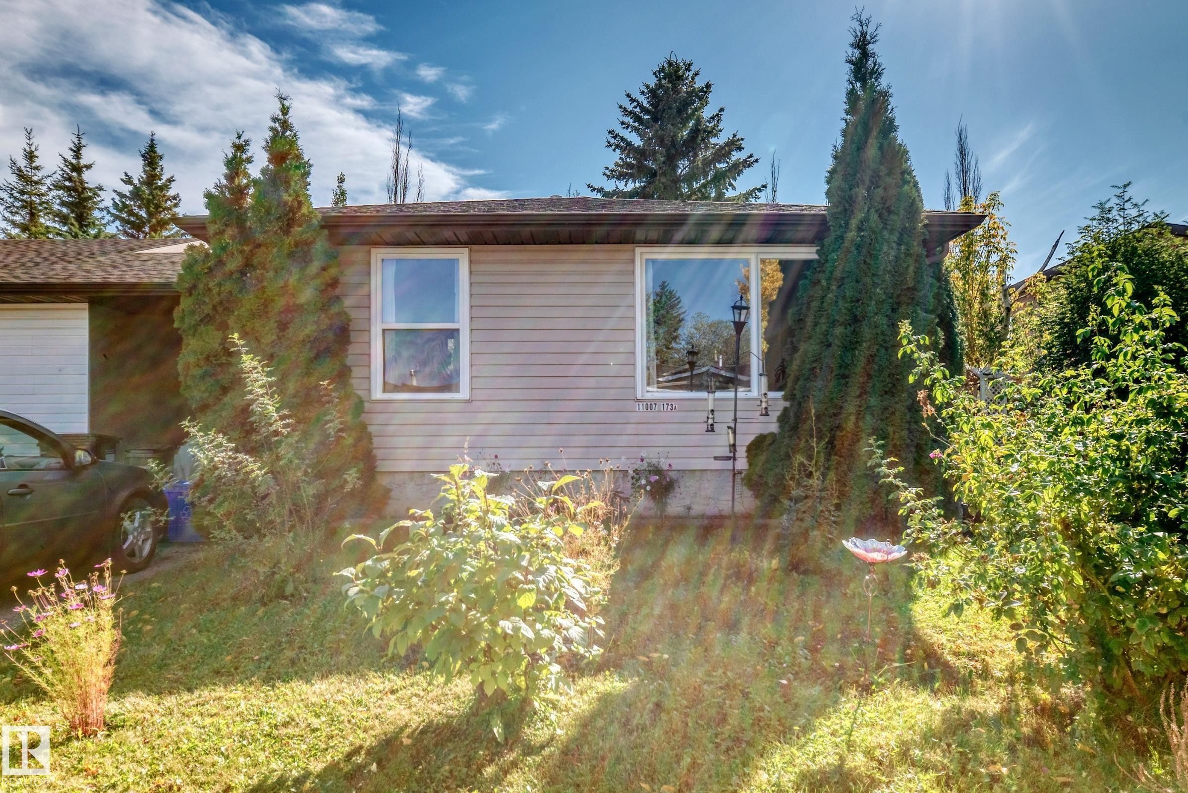 Siding exterior with multiple windows, mature trees, and established shrubbery - 11007 173A Avenue Nw, Edmonton, AB