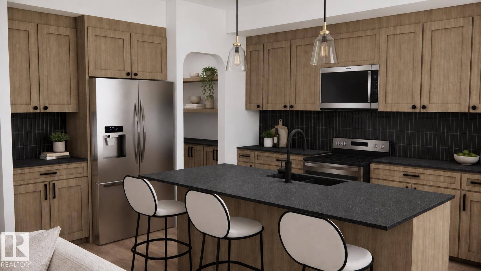 Kitchen featuring wood-finish cabinetry, dark countertops, stainless steel appliances, and a central island with an integrated sink - 28 Brickyard View, Stony Plain, AB