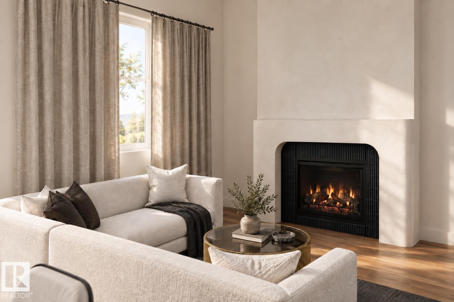 Fireplace with hearth, wood-finish flooring, and large window - 28 Brickyard View, Stony Plain, AB