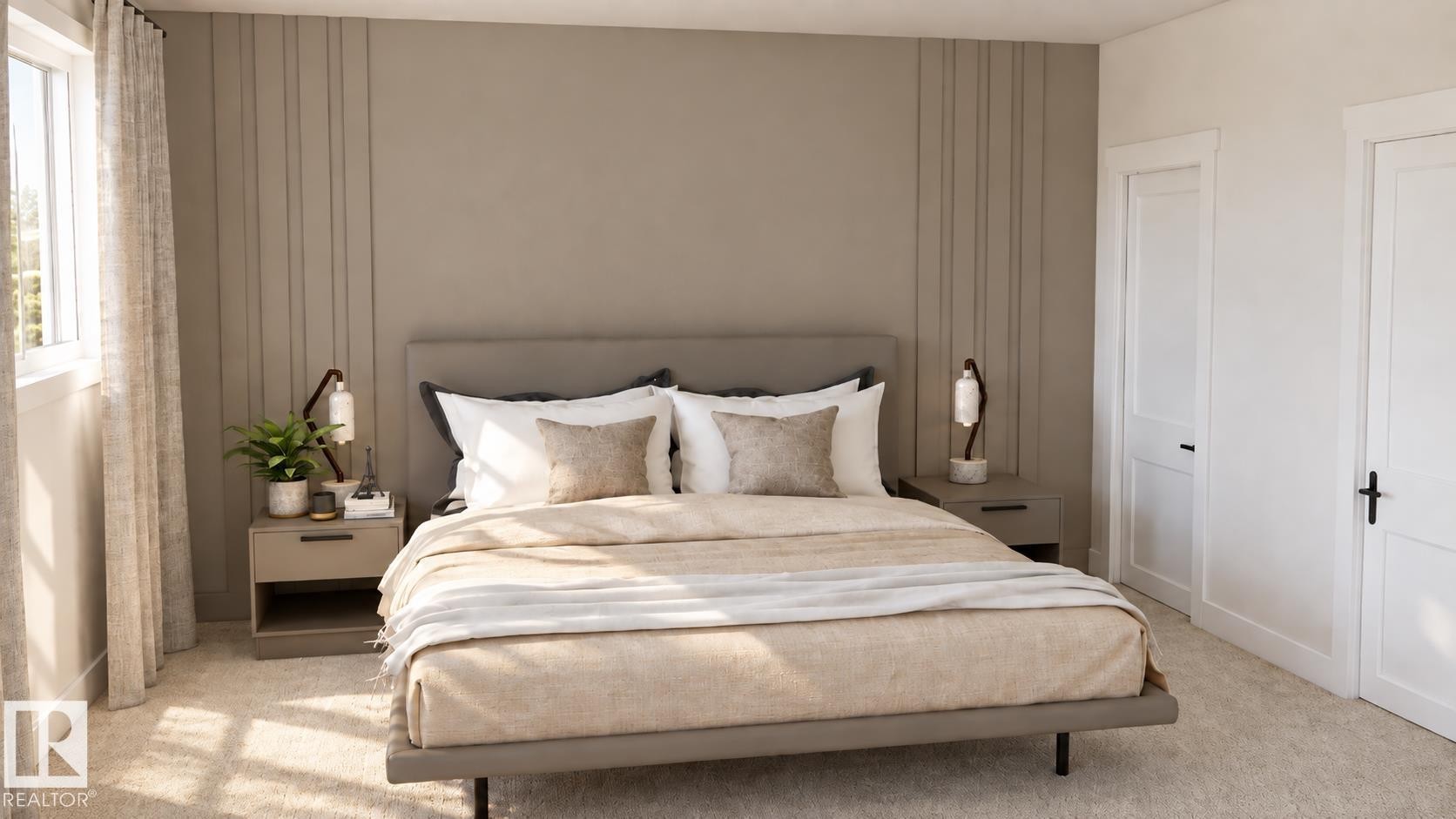 Textured accent wall, neutral tone carpeting, white panel doors, window with sheer drapery, and a contemporary bed frame with an upholstered headboard - 28 Brickyard View, Stony Plain, AB