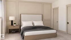 Wall paneling detail, light-toned carpeting, light wood-finish nightstand, light wood-finish door frames, and dark door hardware - 