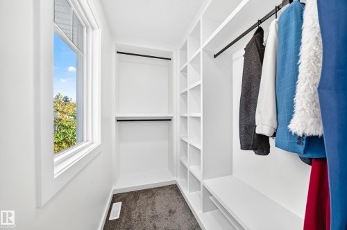 Windowed walk-in closet featuring built-in shelving, white walls, and dark carpet - #27 287 Macewan Rd Sw, Edmonton, AB 