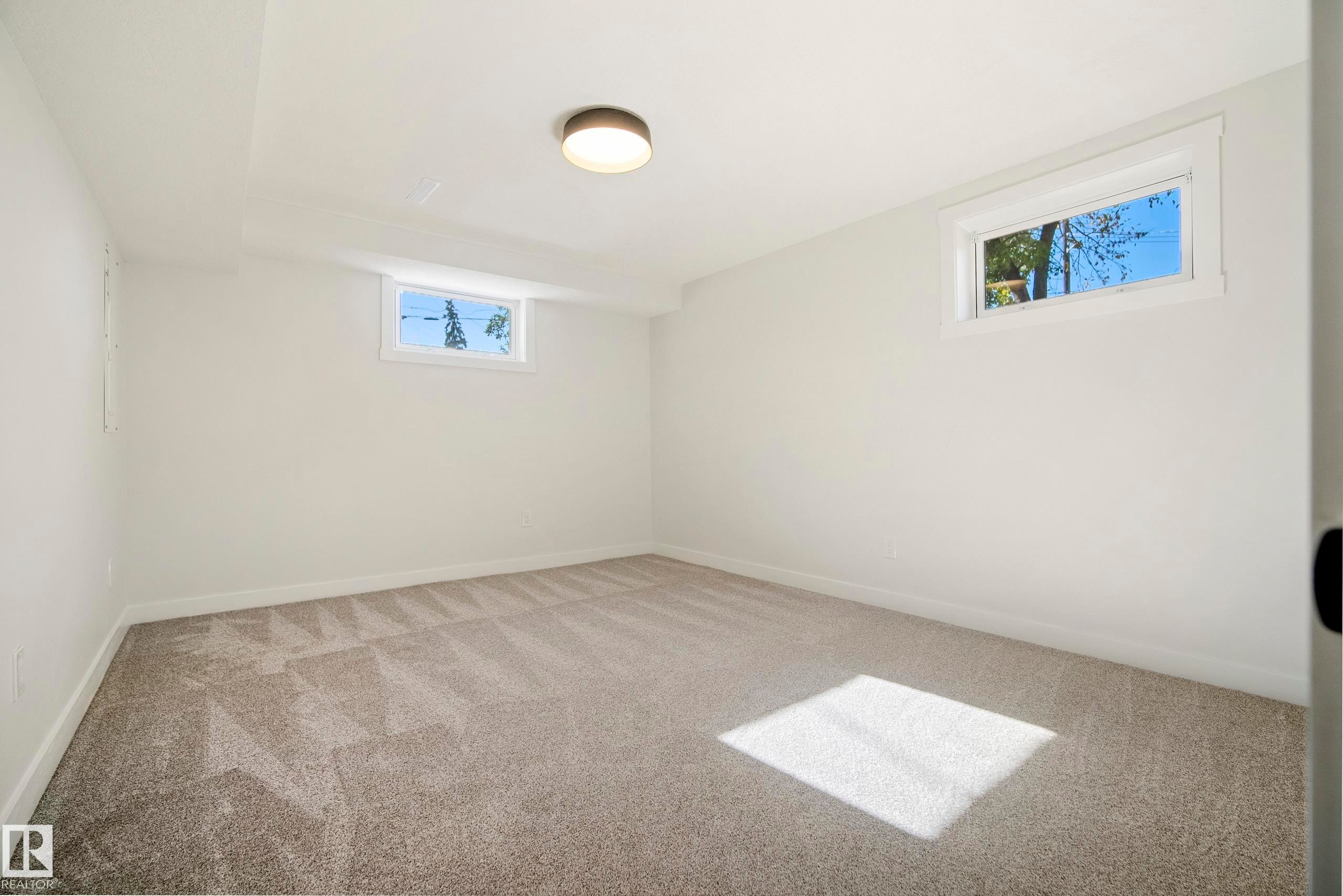 Neutral wall finishes, white trim, recessed windows, textured carpeting, and a flush mount ceiling fixture - 10316 42 Street Nw, Edmonton, AB