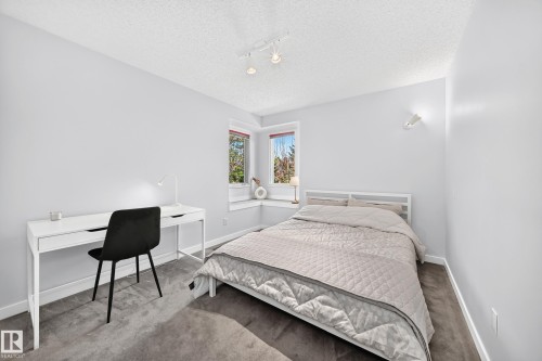 Gray wall-to-wall carpeting, light gray wall paint, white trim, and two windows with red trim - 5830 181 Street Nw, Edmonton, AB 