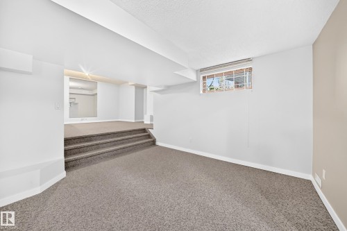 Carpeted lower level with a multi-level floor plan, featuring a mirrored wall accent and a light-filtering window - 5830 181 Street Nw, Edmonton, AB 