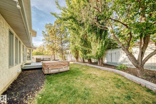 Private backyard featuring a wooden deck, manicured lawn, established trees, and a decorative retaining wall - 5830 181 Street Nw, Edmonton, AB 