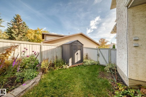 Private backyard featuring a manicured lawn, established garden beds, a storage shed, and a privacy fence - 5830 181 Street Nw, Edmonton, AB 