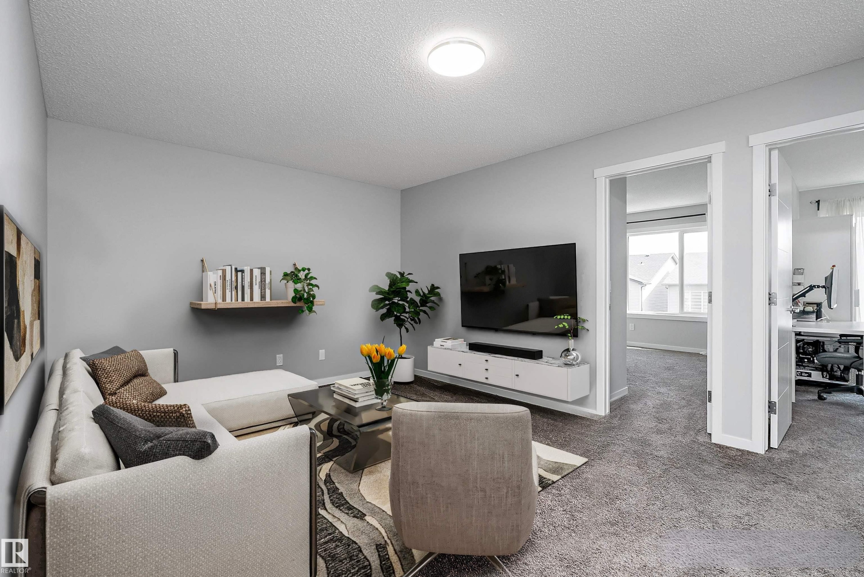 Light gray wall paint, textured carpeting, recessed lighting, white trim, and a wall-mounted floating media console - 9227 223 Street Nw, Edmonton, AB