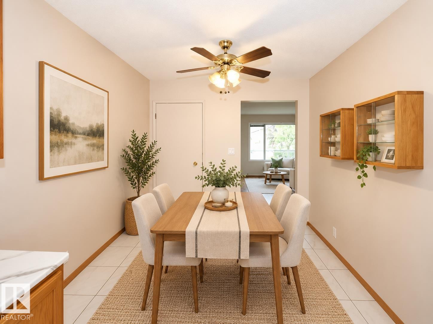 Recessed lighting, wood-finish display cabinets, a ceiling fan, and tile flooring - 11393 22 Avenue Nw, Edmonton, AB