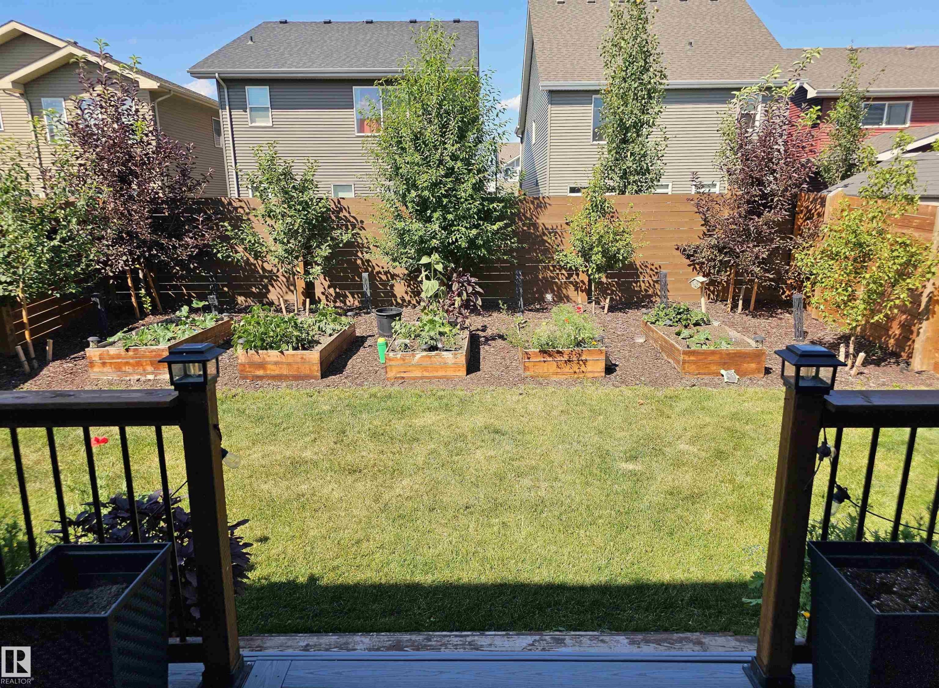 Landscaped backyard featuring a manicured lawn, multiple raised garden beds, mature trees, and a privacy fence - 40 Jamison Crescent, St. Albert, AB