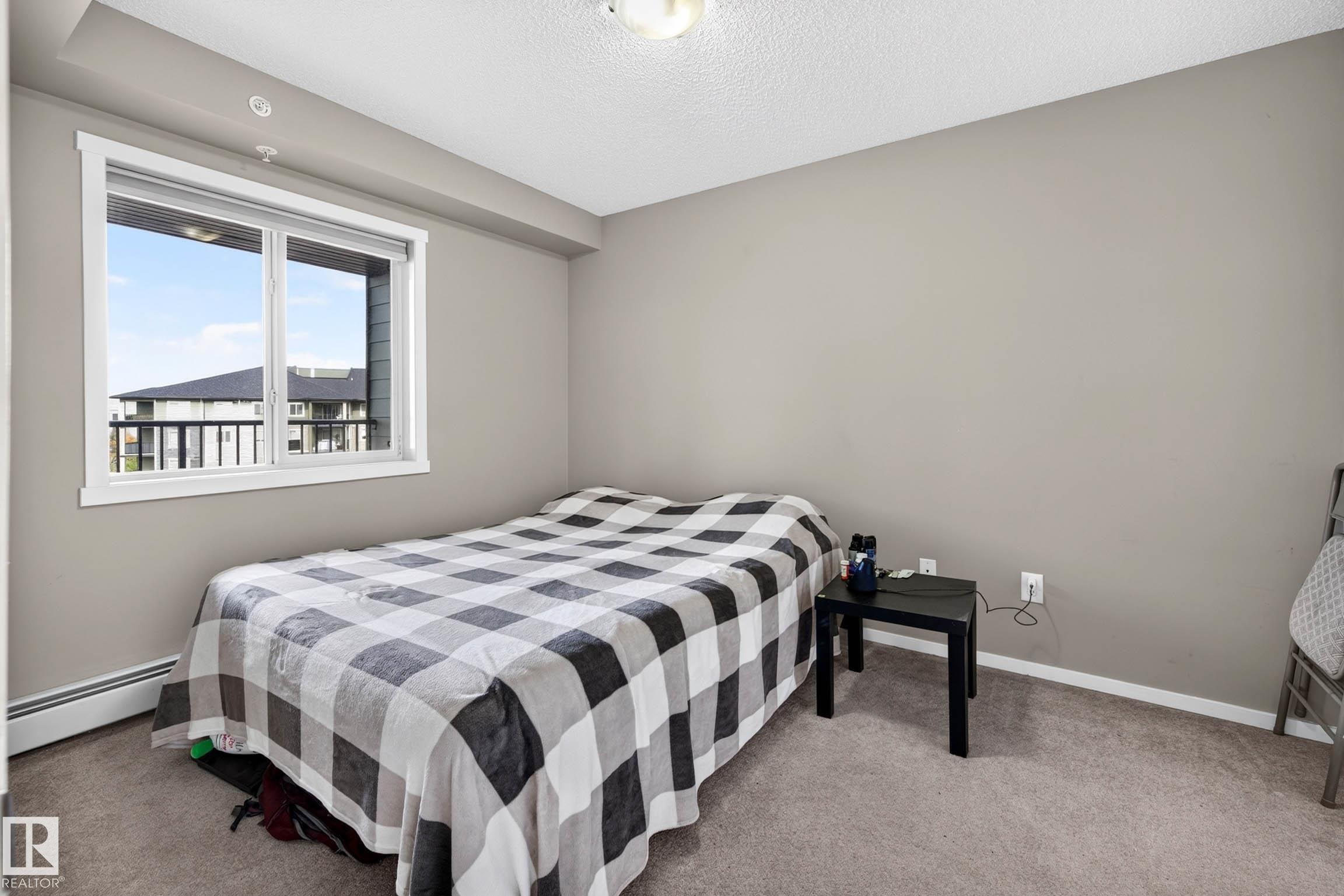 Carpeted flooring, neutral wall paint, white window trim, and baseboard heating - #408 25 Element Dr, St. Albert, AB