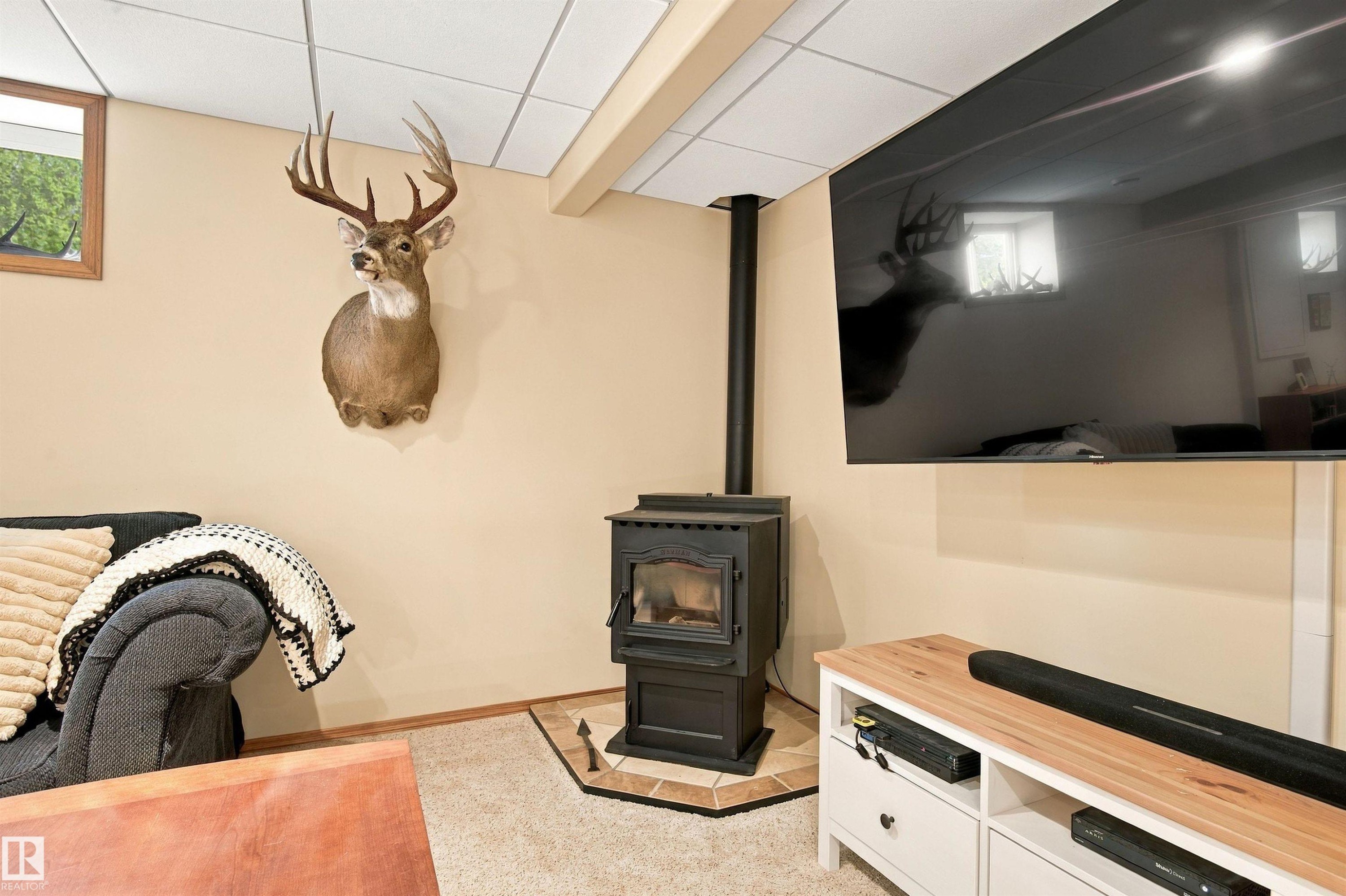 Freestanding fireplace with a tiled hearth and a wall-mounted television - 51064 Rge Rd 222, Rural Strathcona County, AB