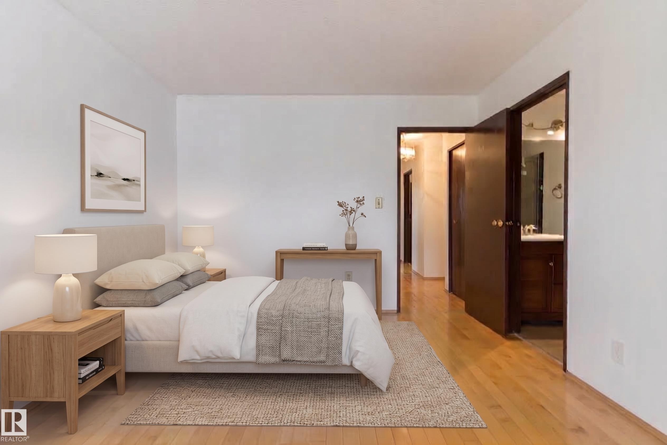 Hardwood flooring throughout, white wall finish, and dark wood-finish doors - 18739 72 Avenue Nw, Edmonton, AB