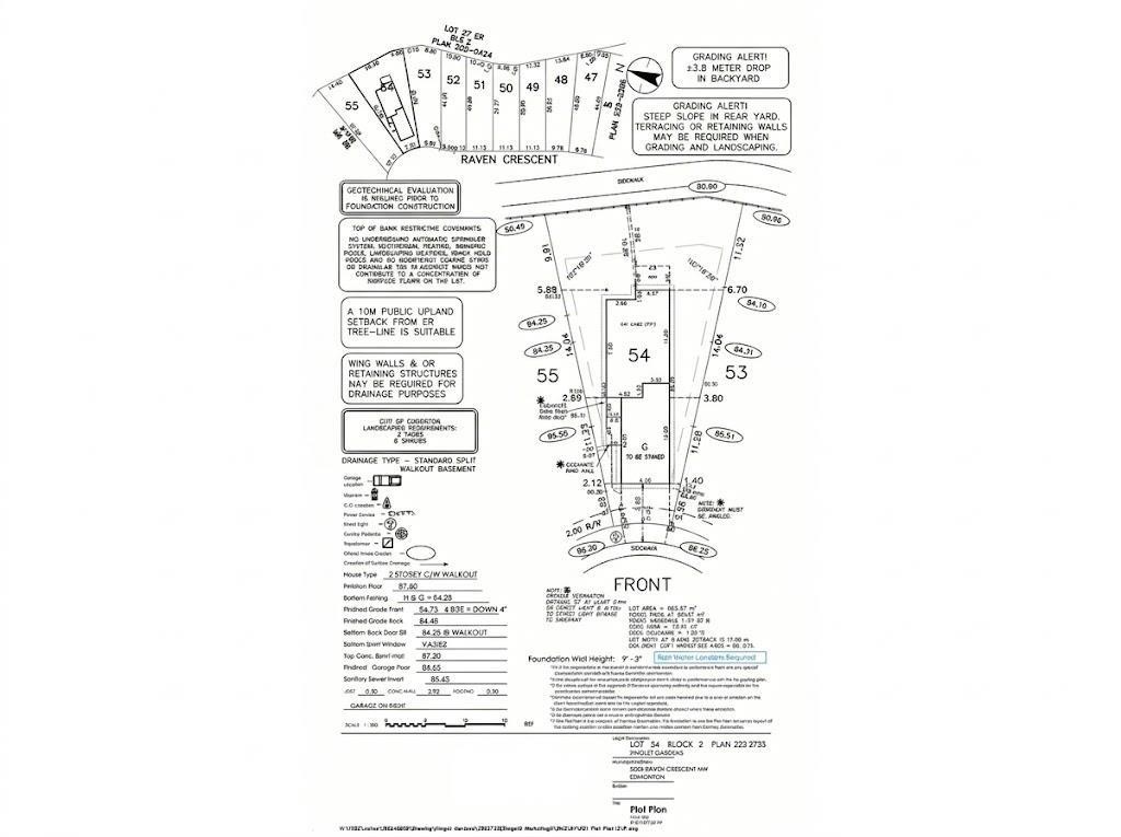 Plot Plan. Outlining the site dimensions, elevation grades, and technical development requirements for the property - 5823 Raven Crescent Nw, Edmonton, AB
