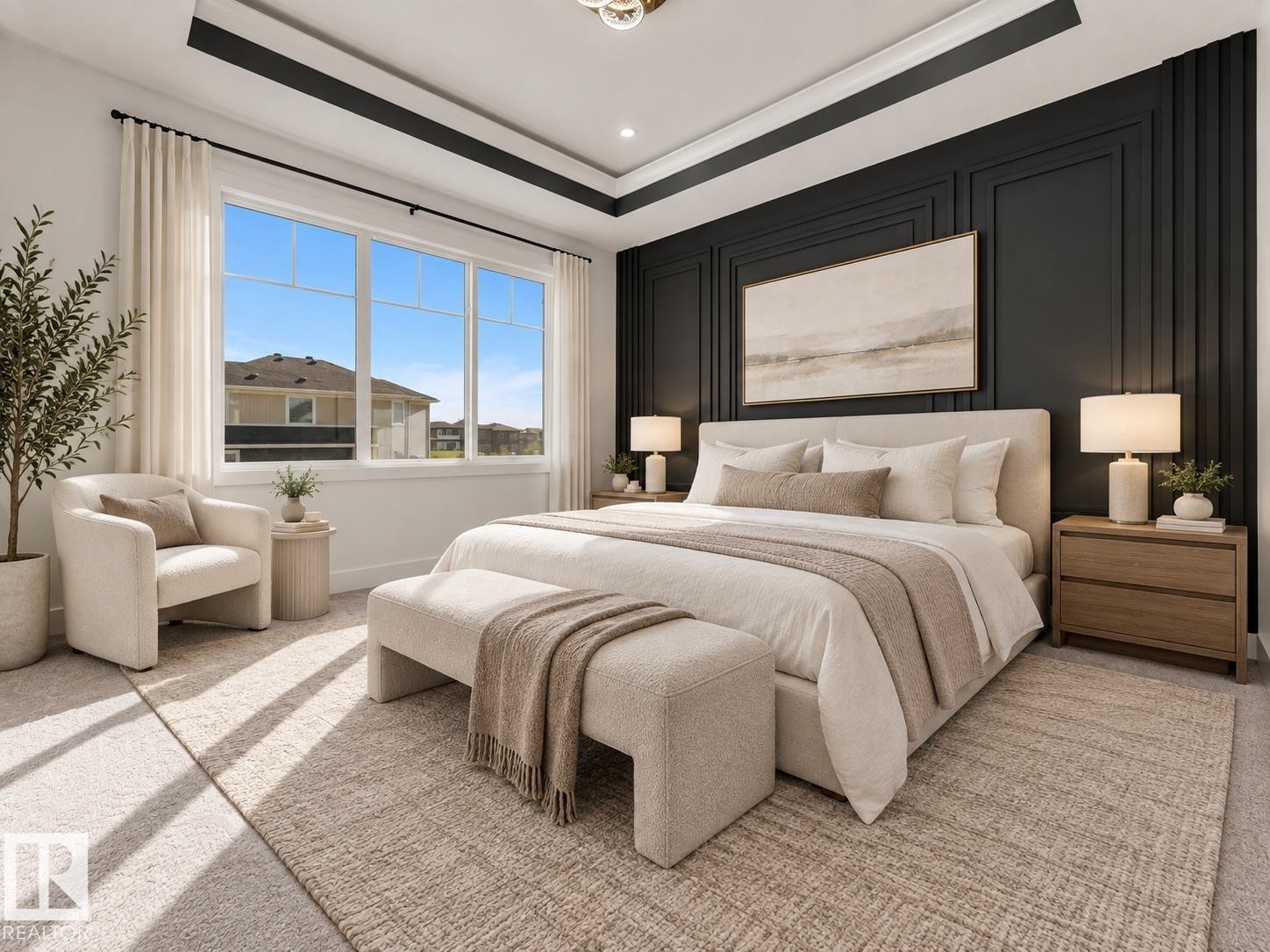 Recessed tray ceiling with accent trim, expansive window with white trim, dark accent wall with decorative paneling, built-in recessed lighting, and light carpeting throughout - 3604 44 Avenue, Beaumont, AB