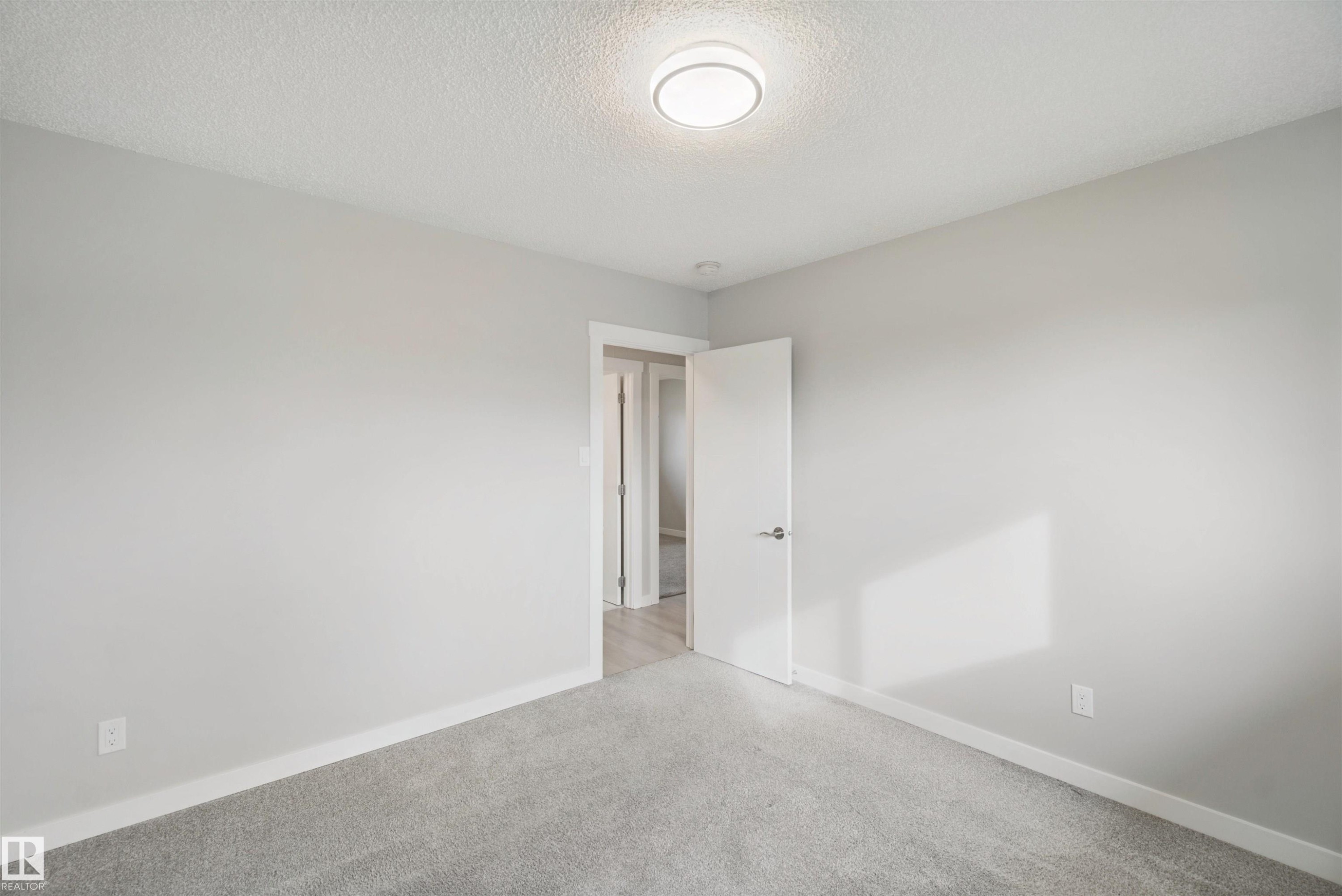 Neutral gray wall paint, gray carpeting, white trim, and a flush-mount ceiling light - 13212 73 Street Nw, Edmonton, AB