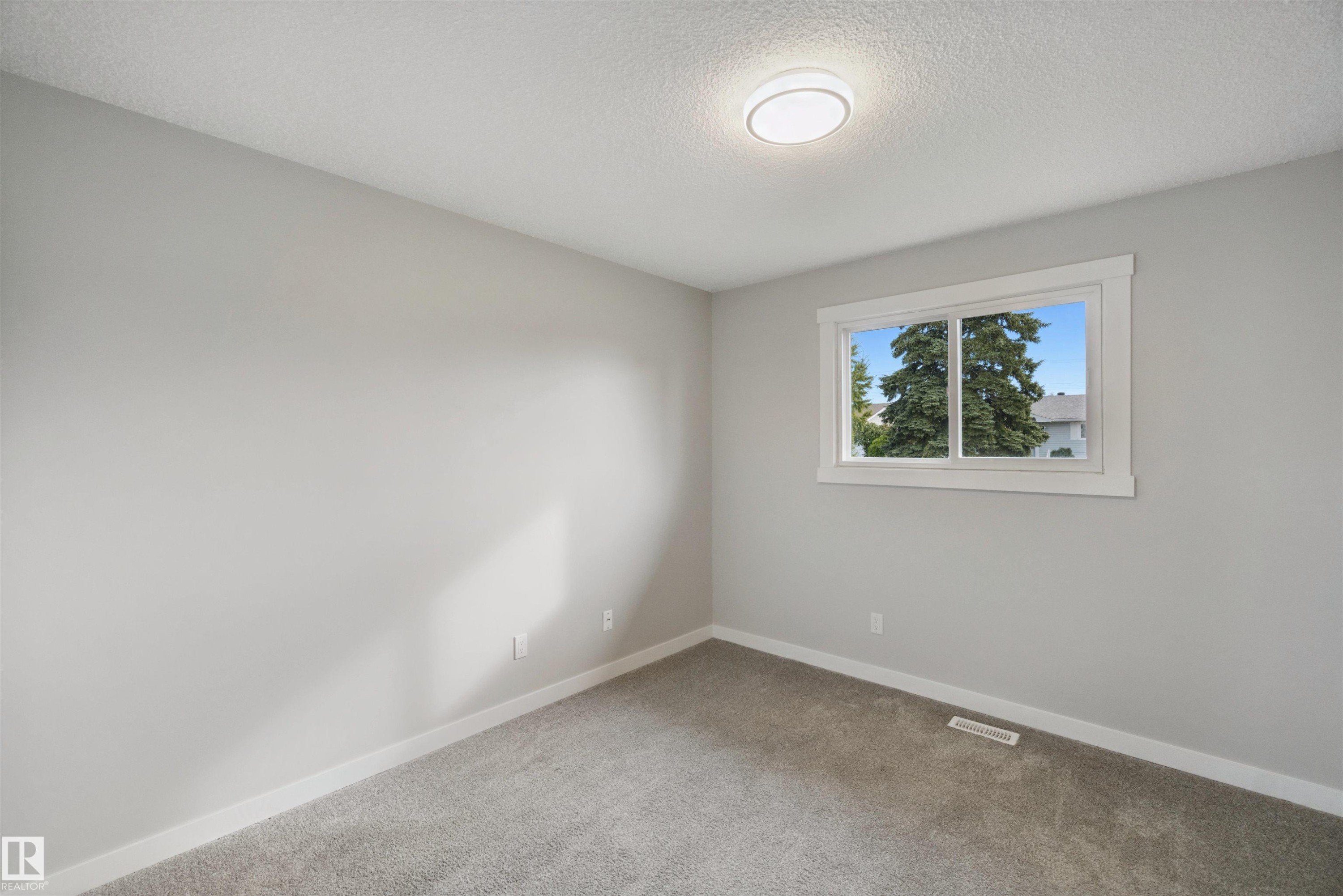 Neutral-toned walls, grey carpet, window with white trim, and a ceiling-mounted light fixture - 13212 73 Street Nw, Edmonton, AB