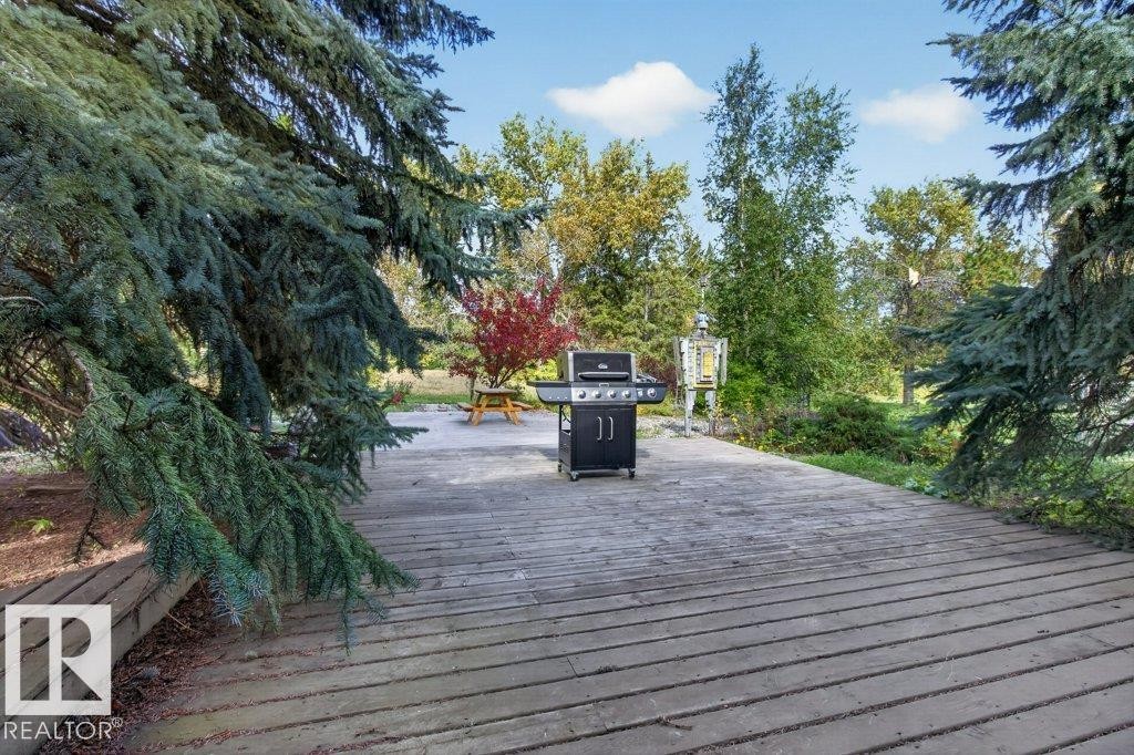 Spacious wood-finish deck with mature evergreen trees and varied foliage - #74 22555 Twp Road 530, Rural Strathcona County, AB