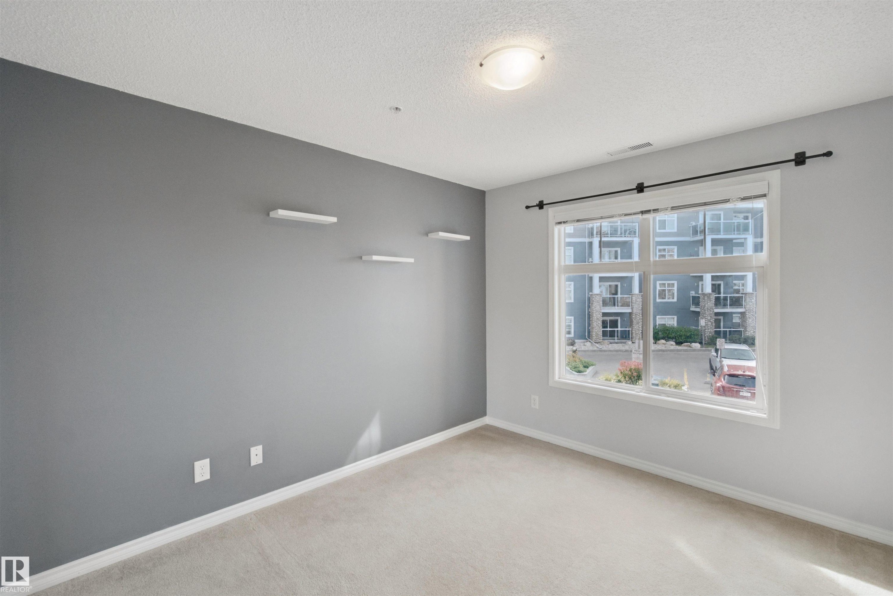 Neutral tone walls, carpet flooring, a single window, and a ceiling-mounted light fixture - #208 16035 132 St Nw, Edmonton, AB