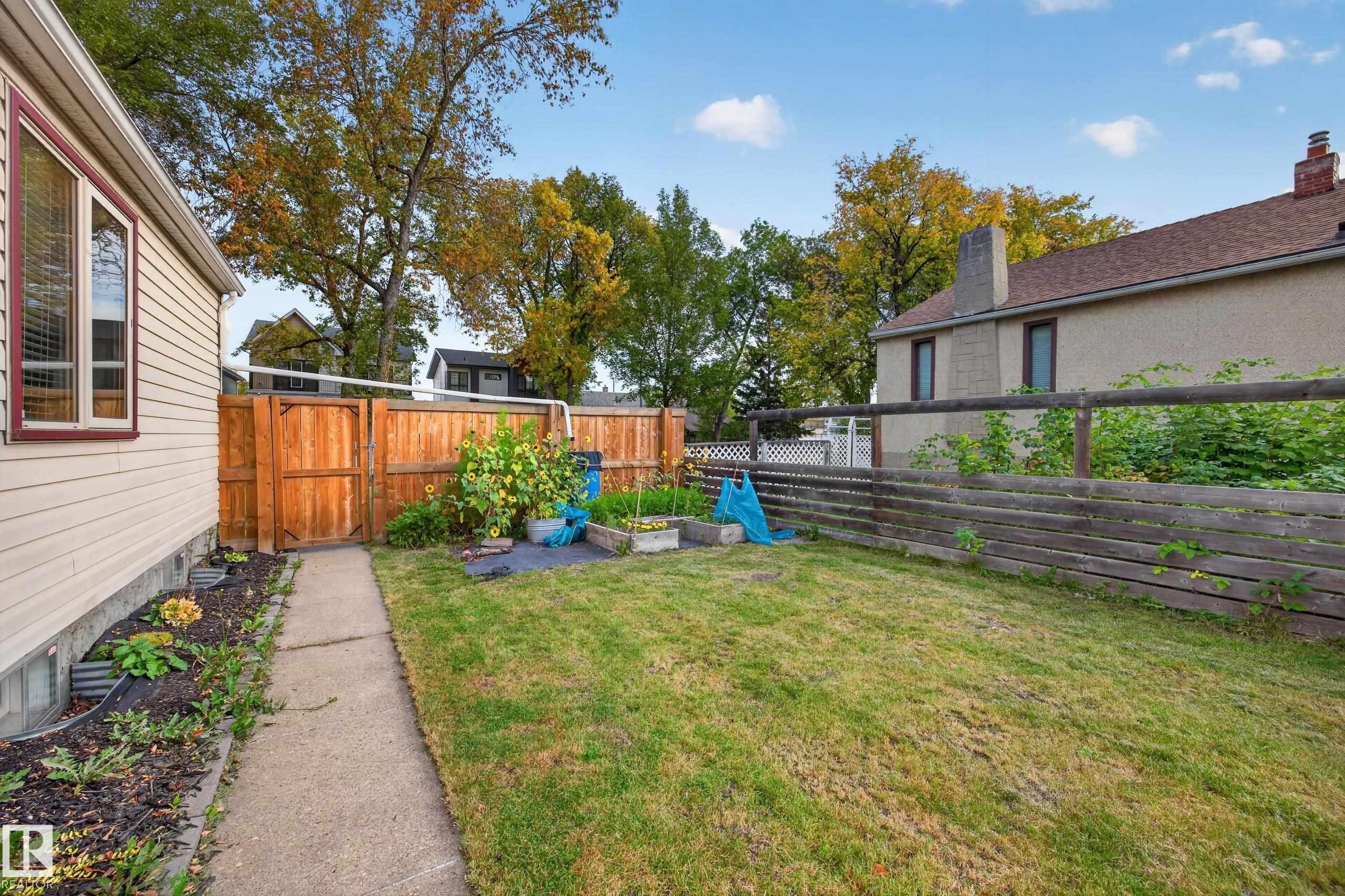 Side yard featuring a concrete pathway, manicured lawn, and wood privacy fencing - 9615 75 Avenue Nw, Edmonton, AB