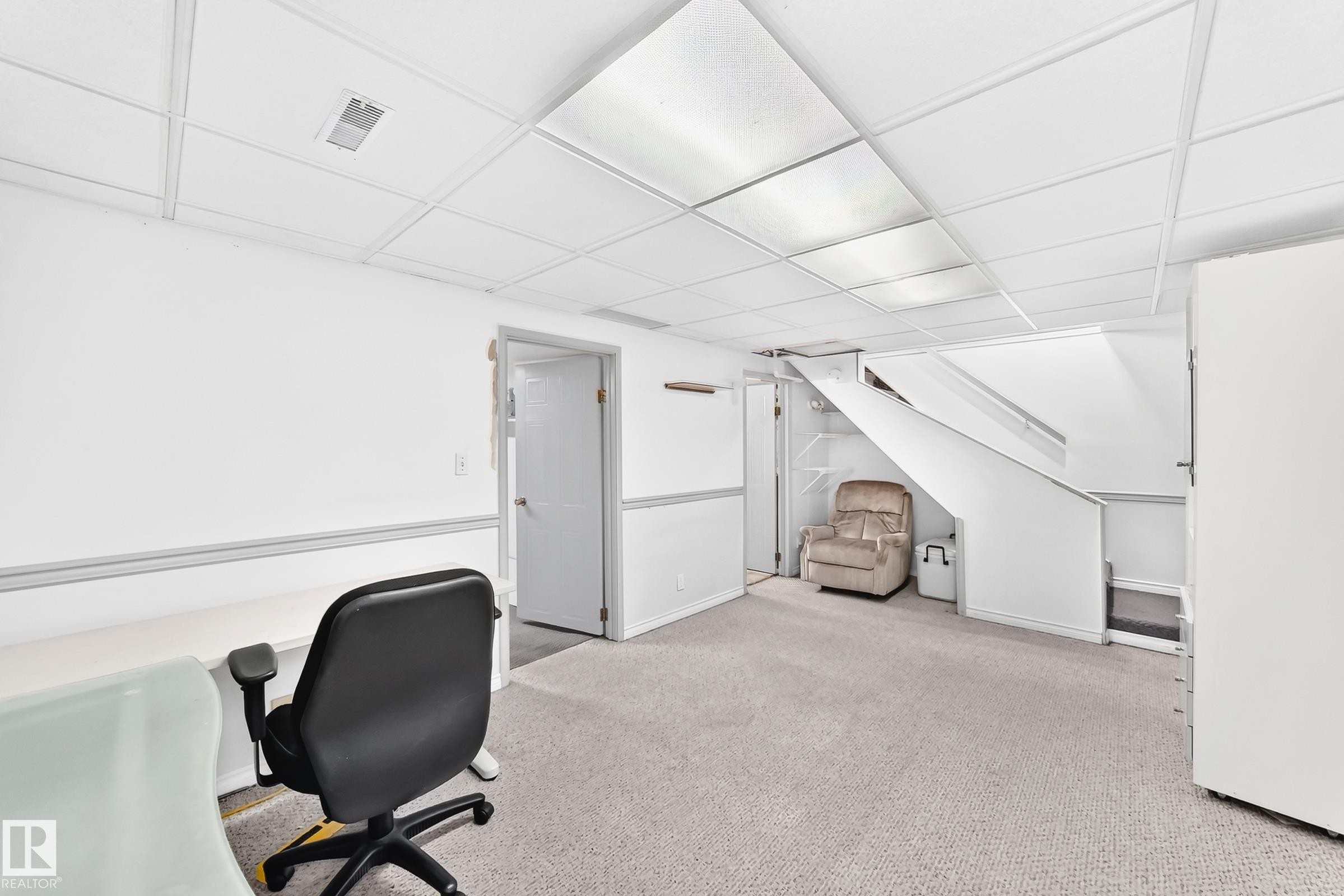White walls, drop ceiling, and light-toned carpet flooring - 44 Habitat Crescent Nw, Edmonton, AB