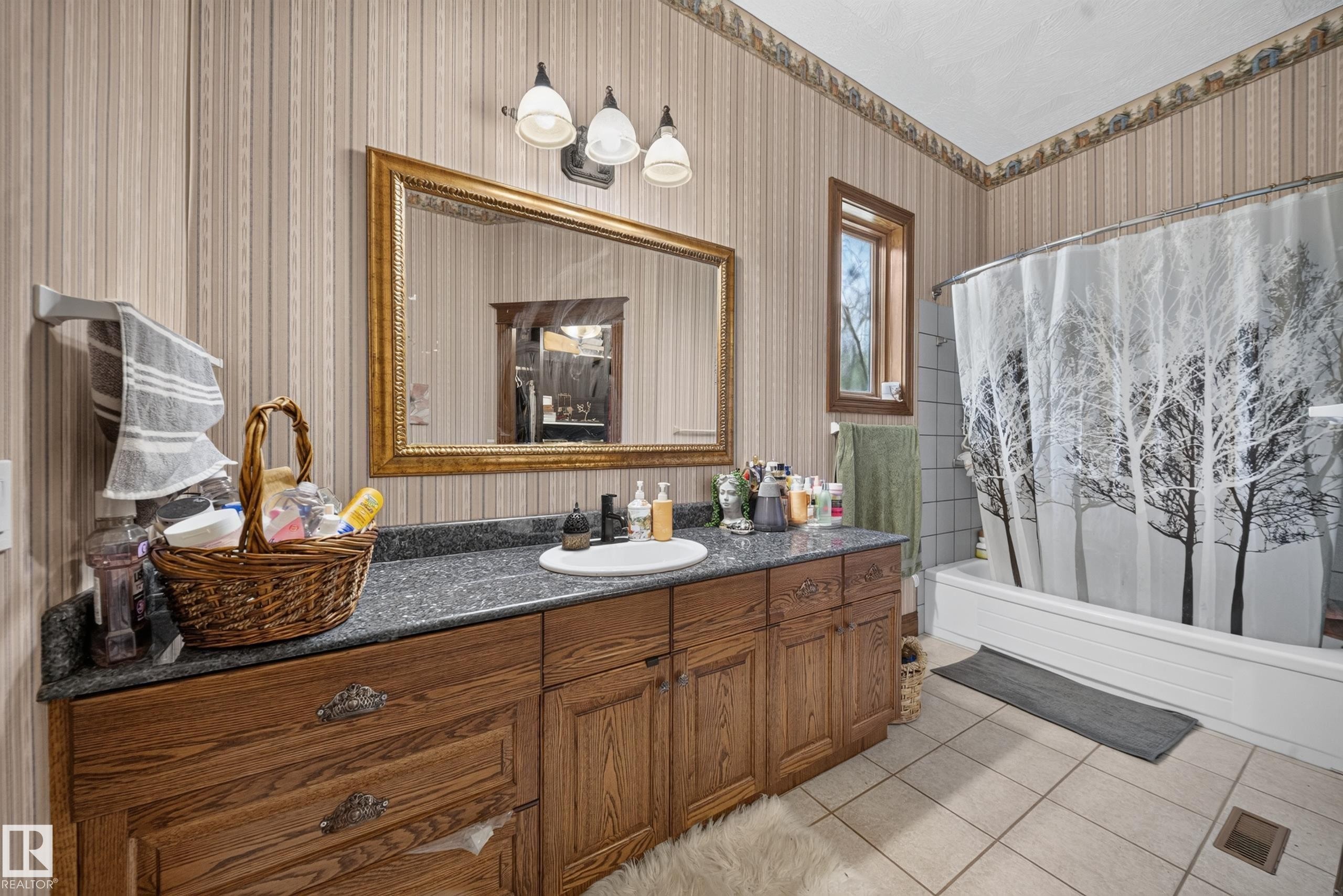 Wood-finish vanity with a dark countertop, an undermount sink, and a framed mirror - 719 65 Ave Nw, Edmonton, AB