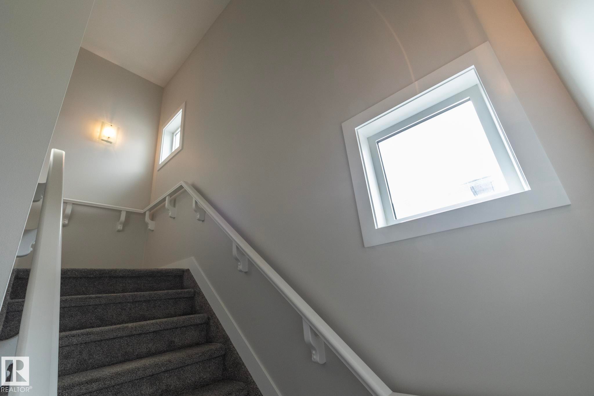 Carpeted staircase with white handrails and painted risers - 55 Michigan Street, Devon, AB