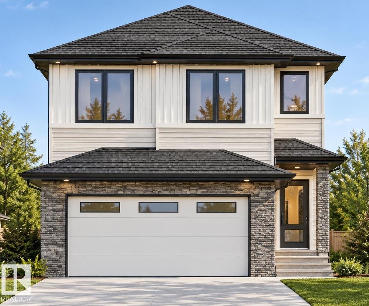 Modern exterior featuring a prominent black shingle roof, stone veneer accents, and light-colored siding - 69 Axelwood Crescent, Spruce Grove, AB