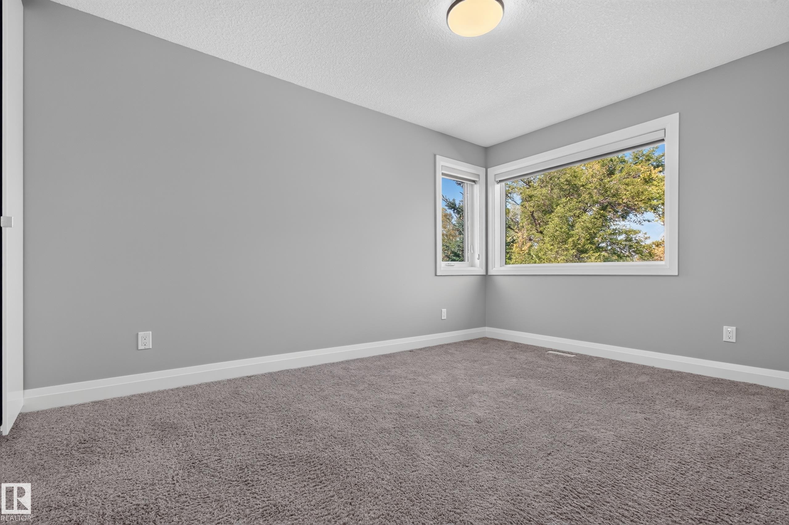 Neutral gray walls with white trim, wall-to-wall carpeting, corner window configuration, and a flush-mount ceiling light fixture - 11167 62 Avenue Nw, Edmonton, AB