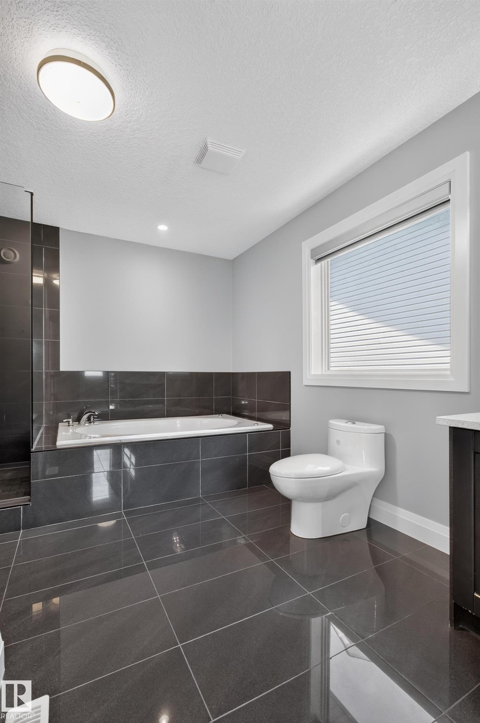 Large format dark tile flooring, built-in bathtub with dark tile surround, separate shower with dark tile, white toilet, and recessed lighting - 11167 62 Avenue Nw, Edmonton, AB