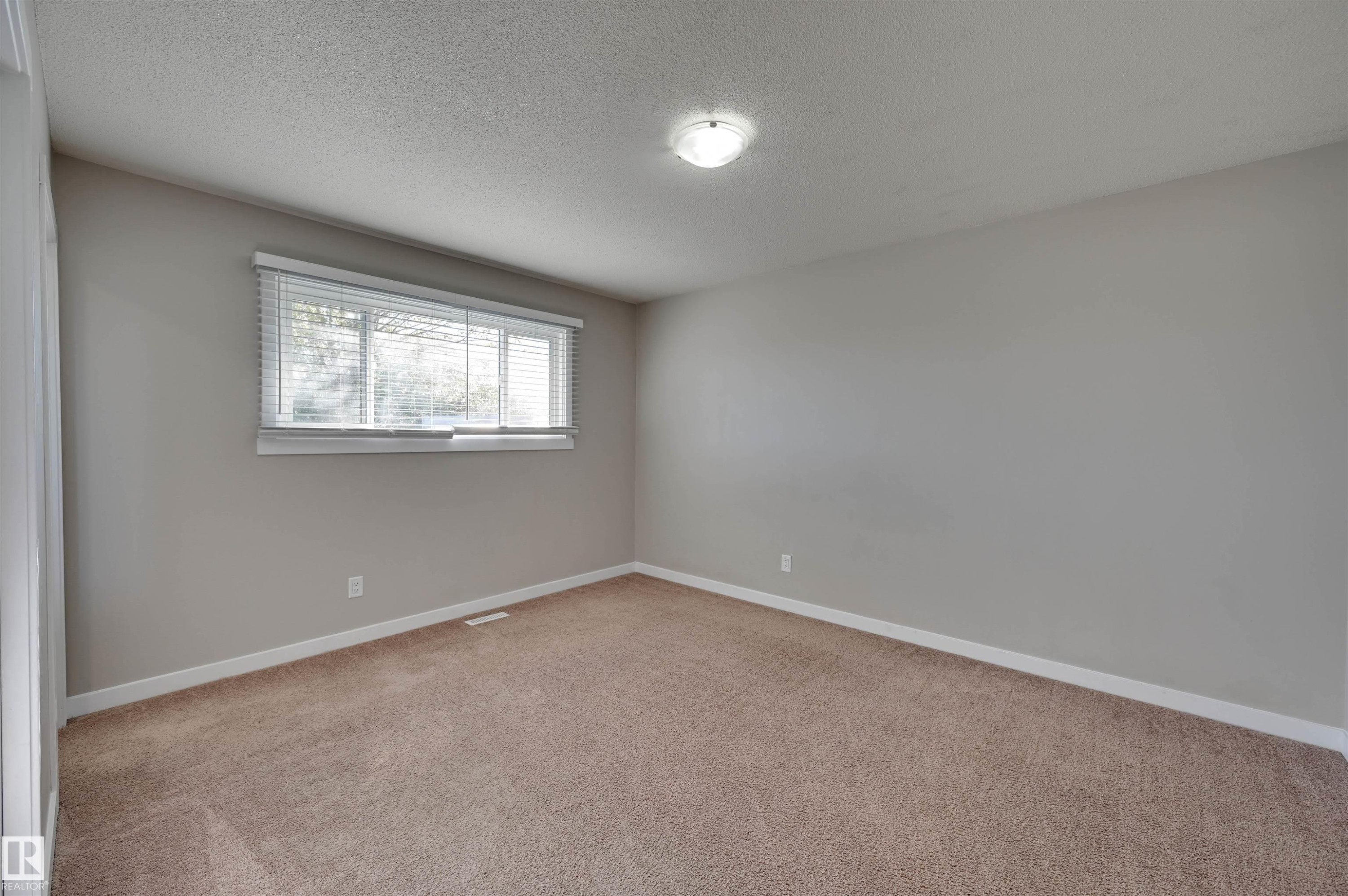 Neutral wall paint and carpeting, modern overhead lighting, and window with horizontal blinds - 13815 88 Street Nw, Edmonton, AB