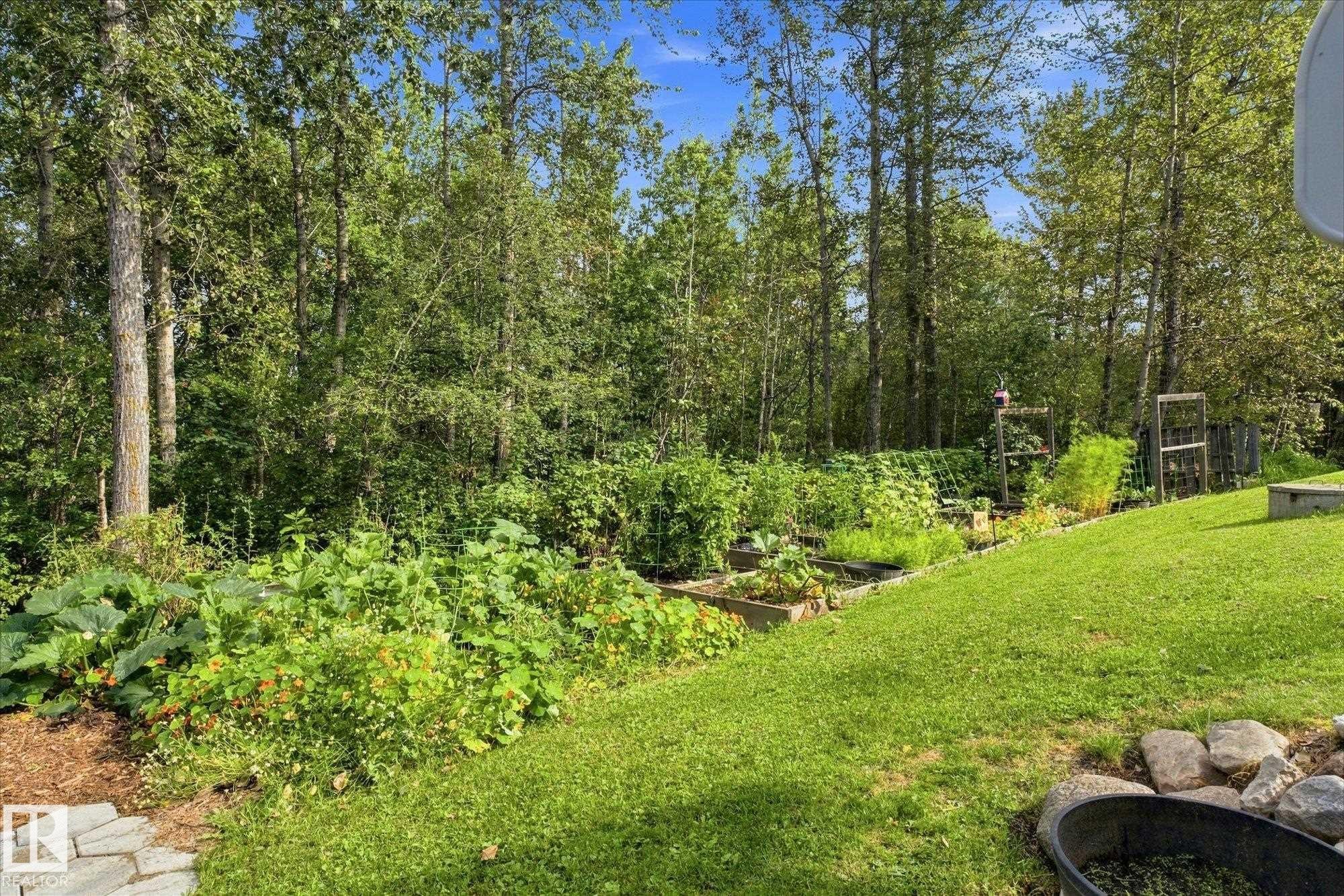 Expansive backyard featuring a manicured lawn, raised garden beds, and mature trees - #45 53122 Rge Road 14, Rural Parkland County, AB