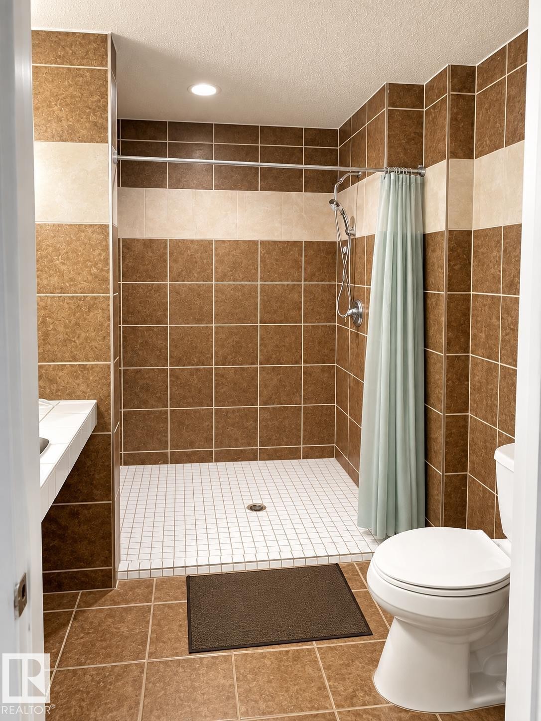Tiled shower stall with a white grid-patterned floor and a handheld showerhead - 18929 99A Avenue Nw, Edmonton, AB