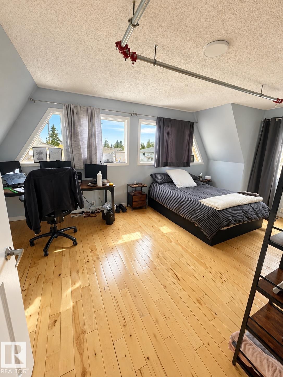 Hardwood flooring, multiple windows, ceiling-mounted light fixture, and sloped ceiling details - 18929 99A Avenue Nw, Edmonton, AB