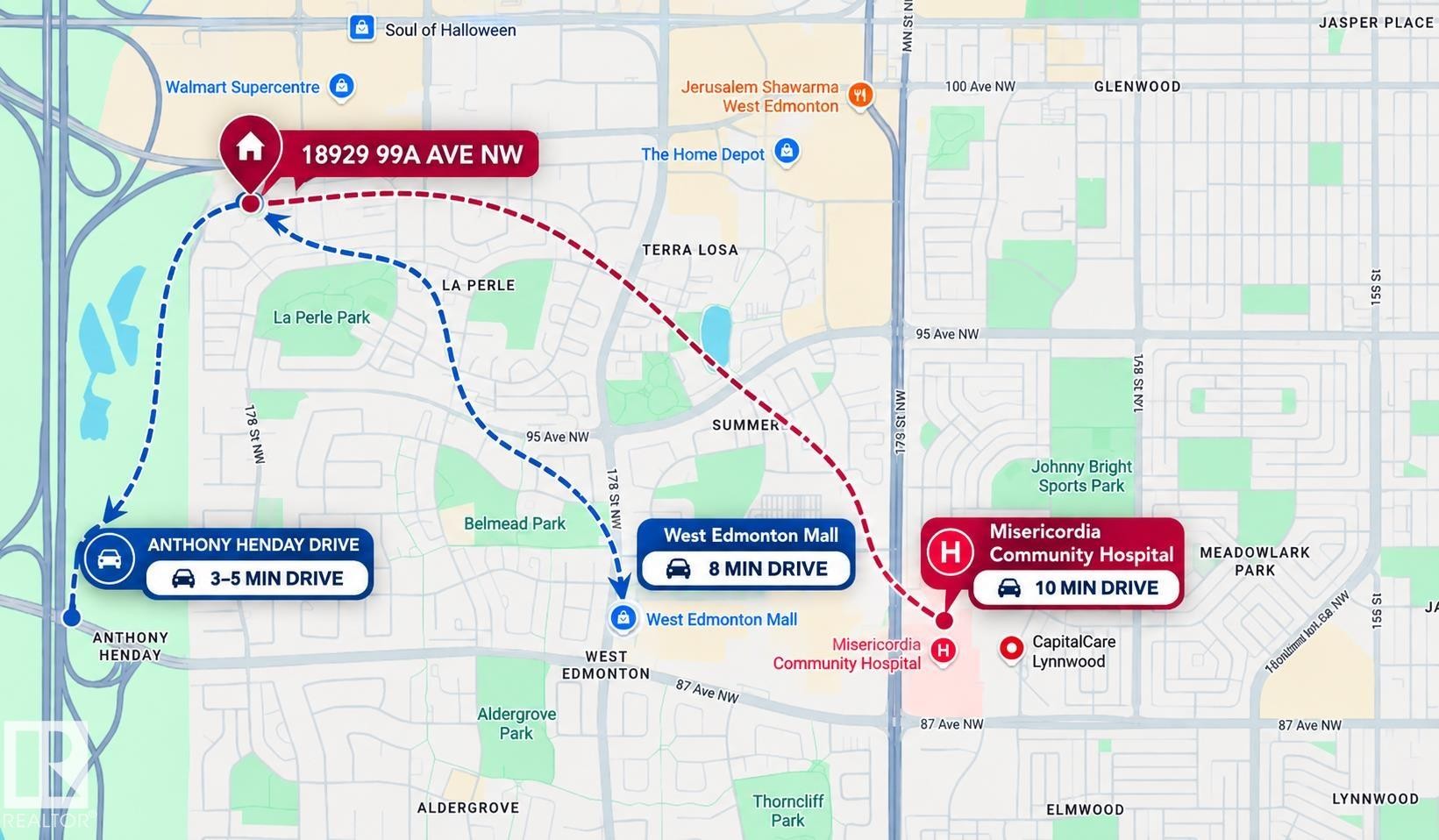 Location Map. Displaying the property's address and estimated driving times to regional points of interest - 18929 99A Avenue Nw, Edmonton, AB