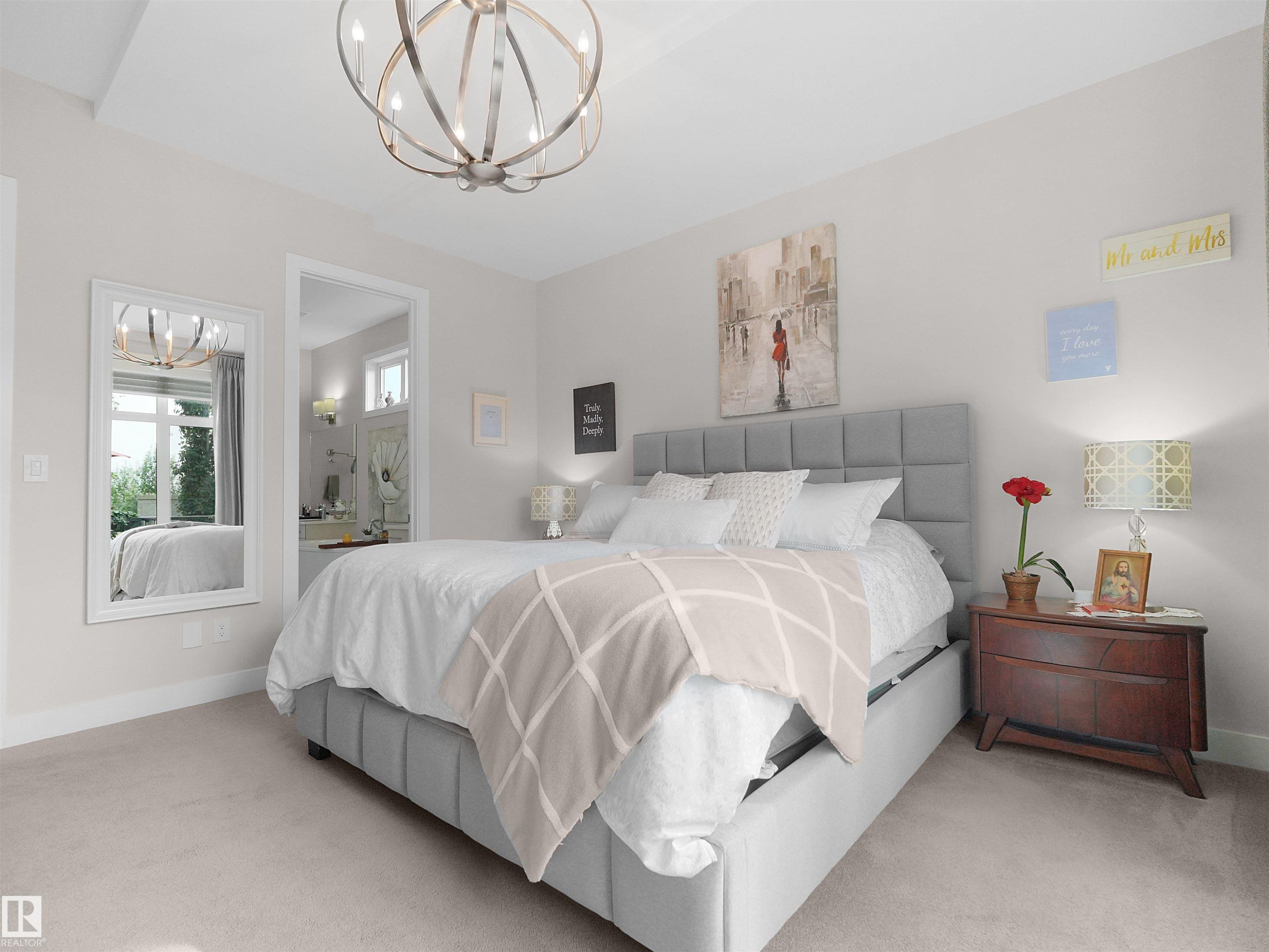 Carpeted bedroom featuring an orb chandelier, recessed lighting, and a soft gray color palette - 904 Wood Place Nw, Edmonton, AB